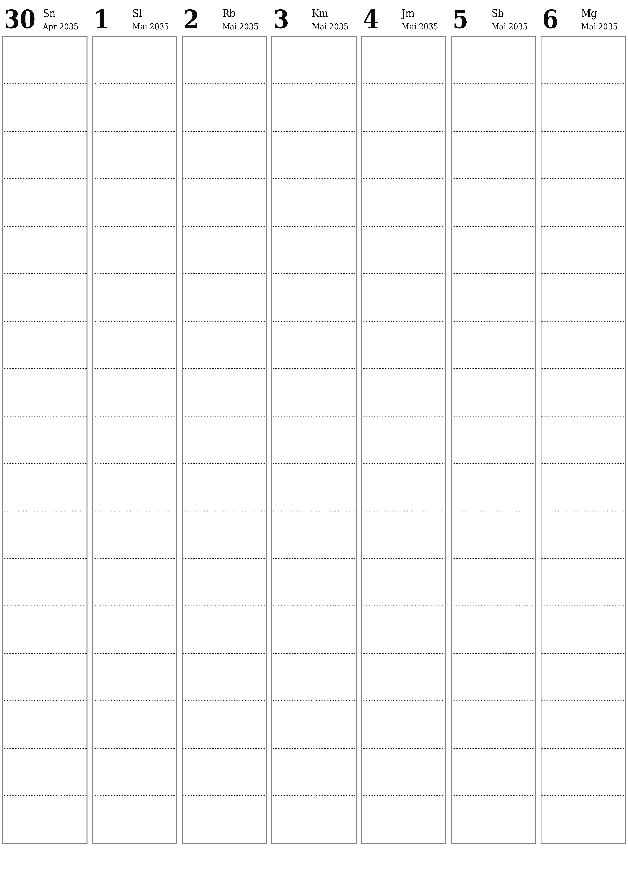 yang dapat dicetak dinding templat gratisvertikal Mingguan perencana kalender Mai (Mai) 2035