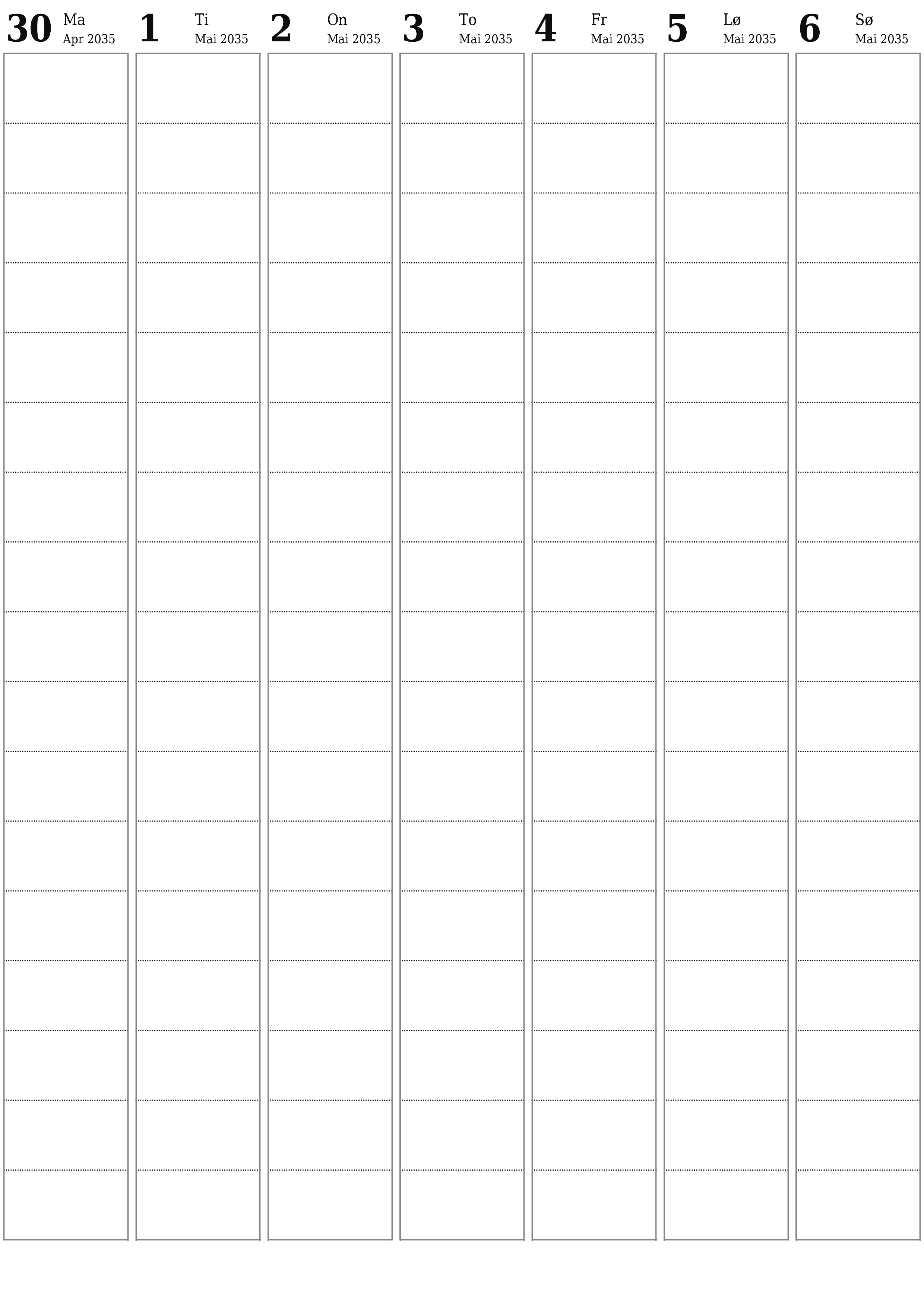 utskrivbar vegg mal gratis vertikal Ukentlig planlegger kalender Mai (Mai) 2035