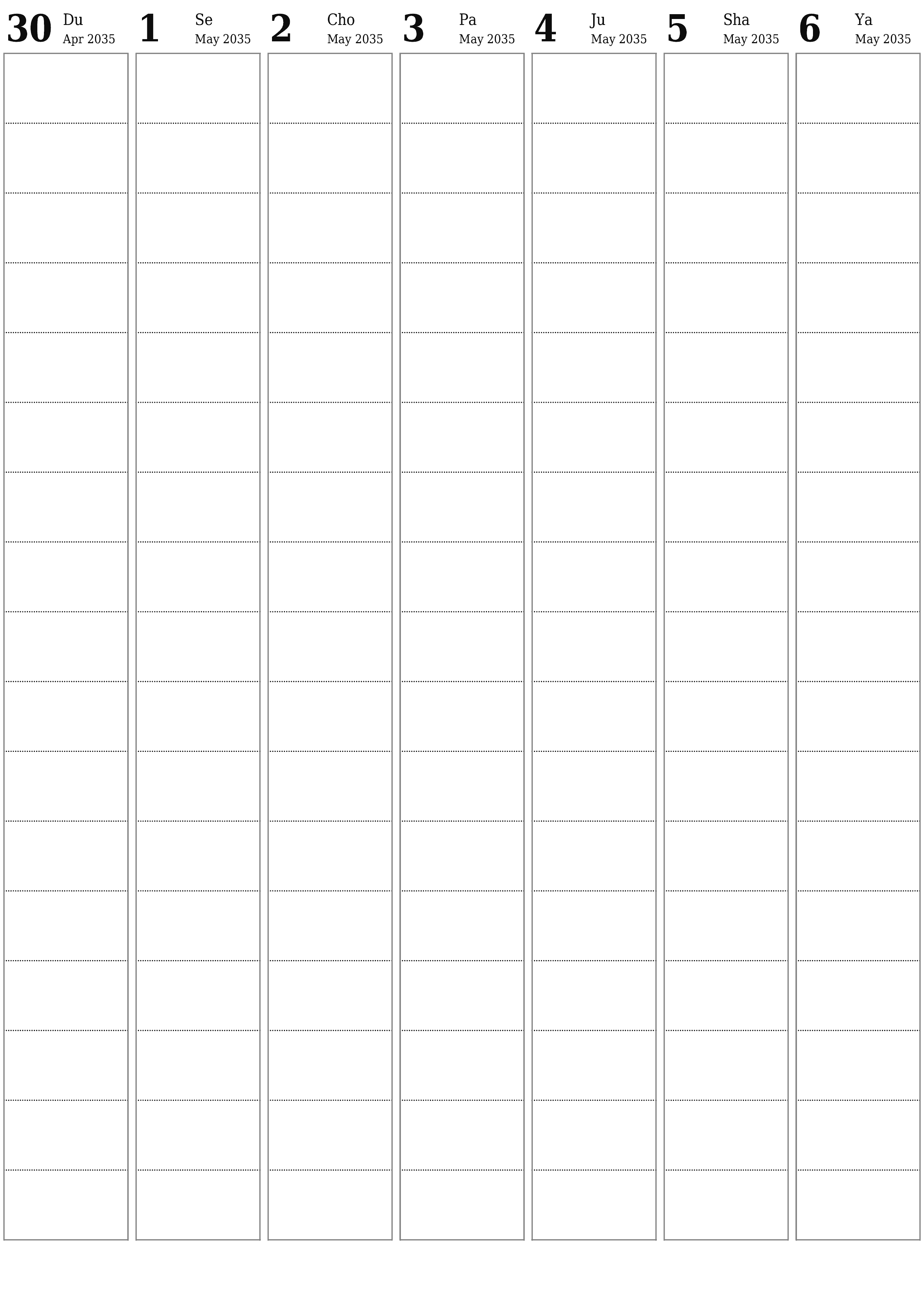 chop etiladigan devor taqvimi shabloni bepul vertikal Haftalik rejalashtiruvchi kalendar May (May) 2035