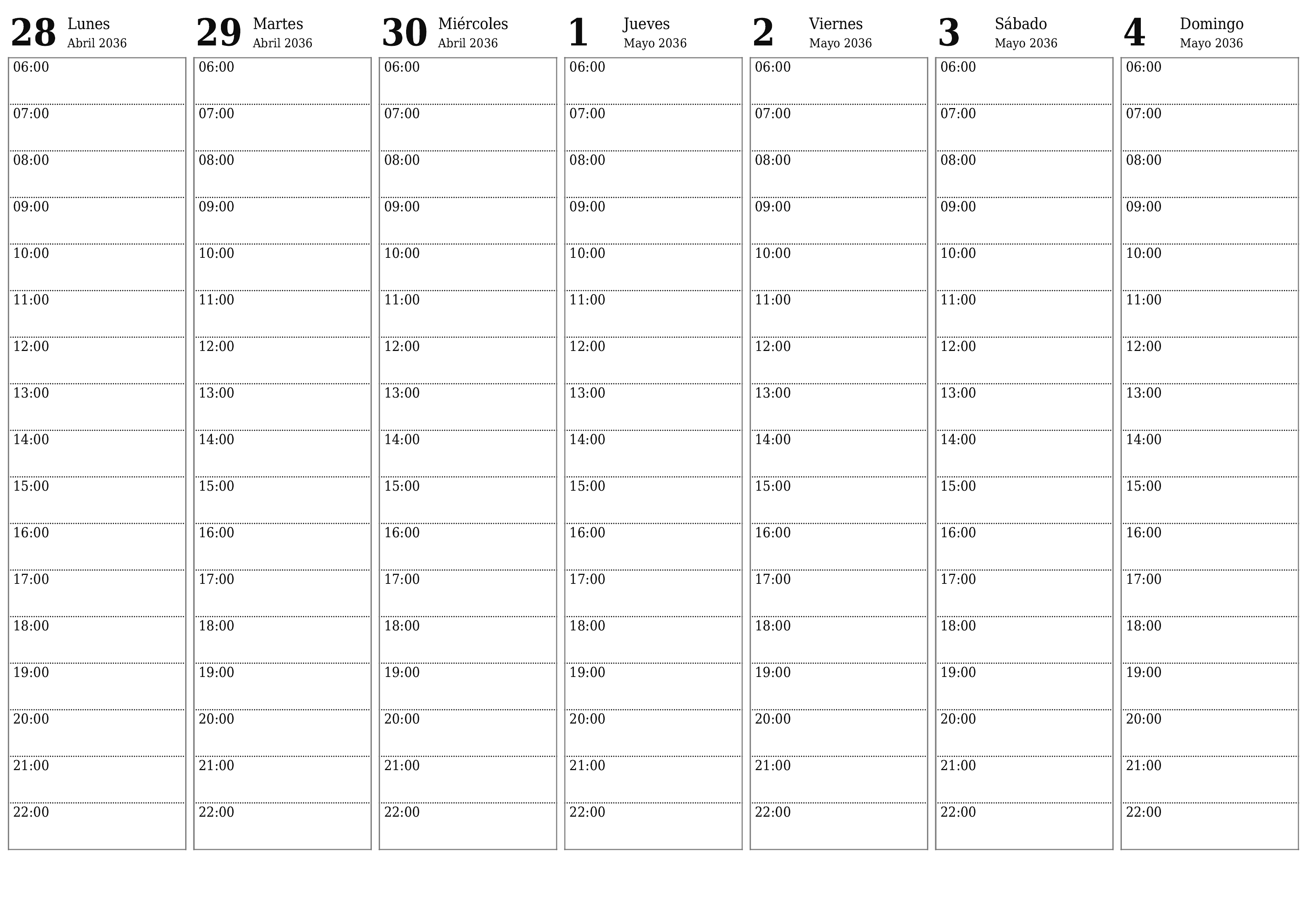 Planificador semanal vacío para semanas Mayo 2036 con notas, guardar e imprimir en PDF PNG Spanish