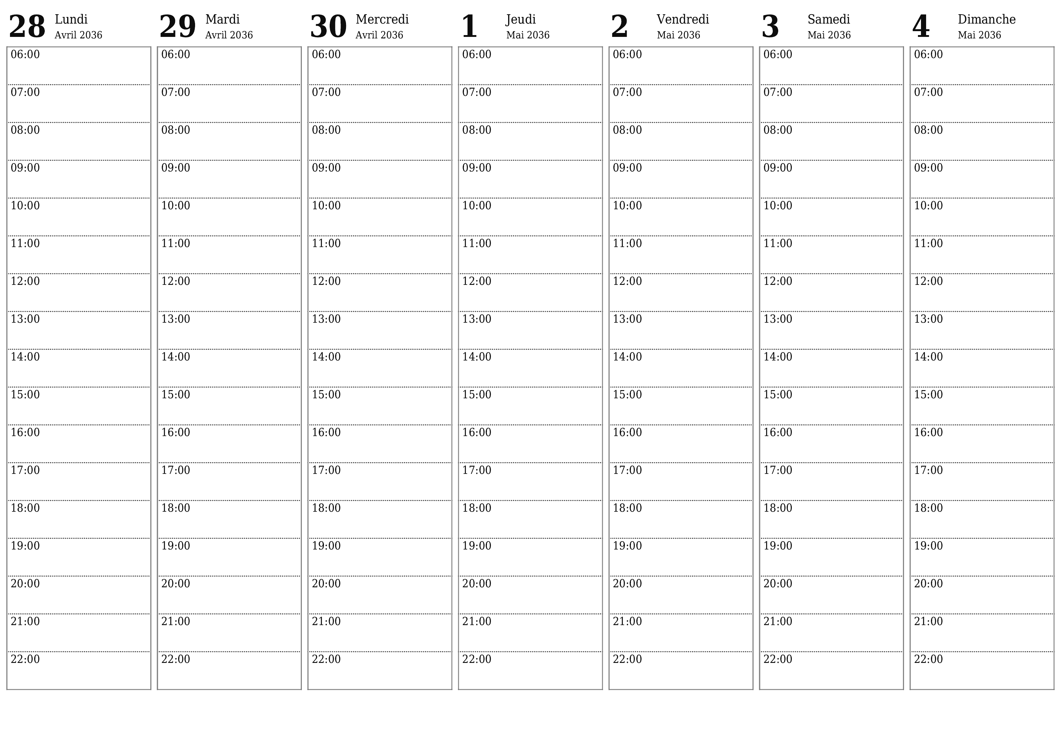 Agenda hebdomadaire vide pendant des semaines Mai 2036 avec notes, enregistrez et imprimez au format PDF PNG French