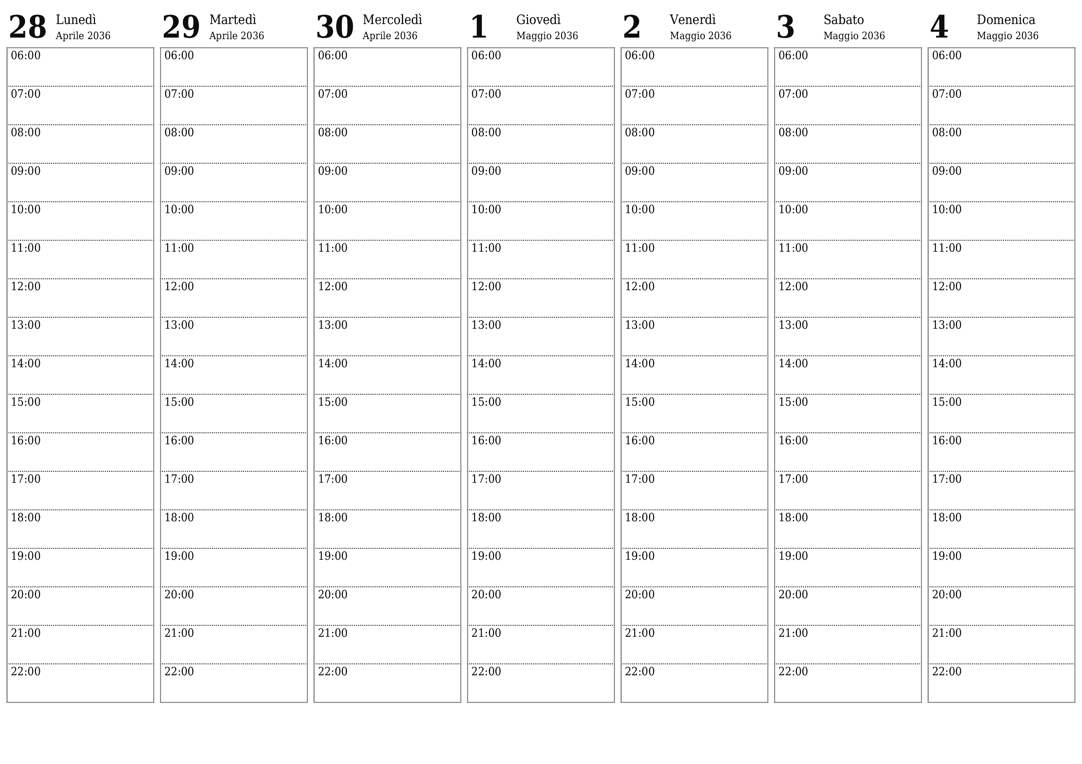 Agenda settimanale vuota per settimane Maggio 2036 con note, salva e stampa in PDF PNG Italian