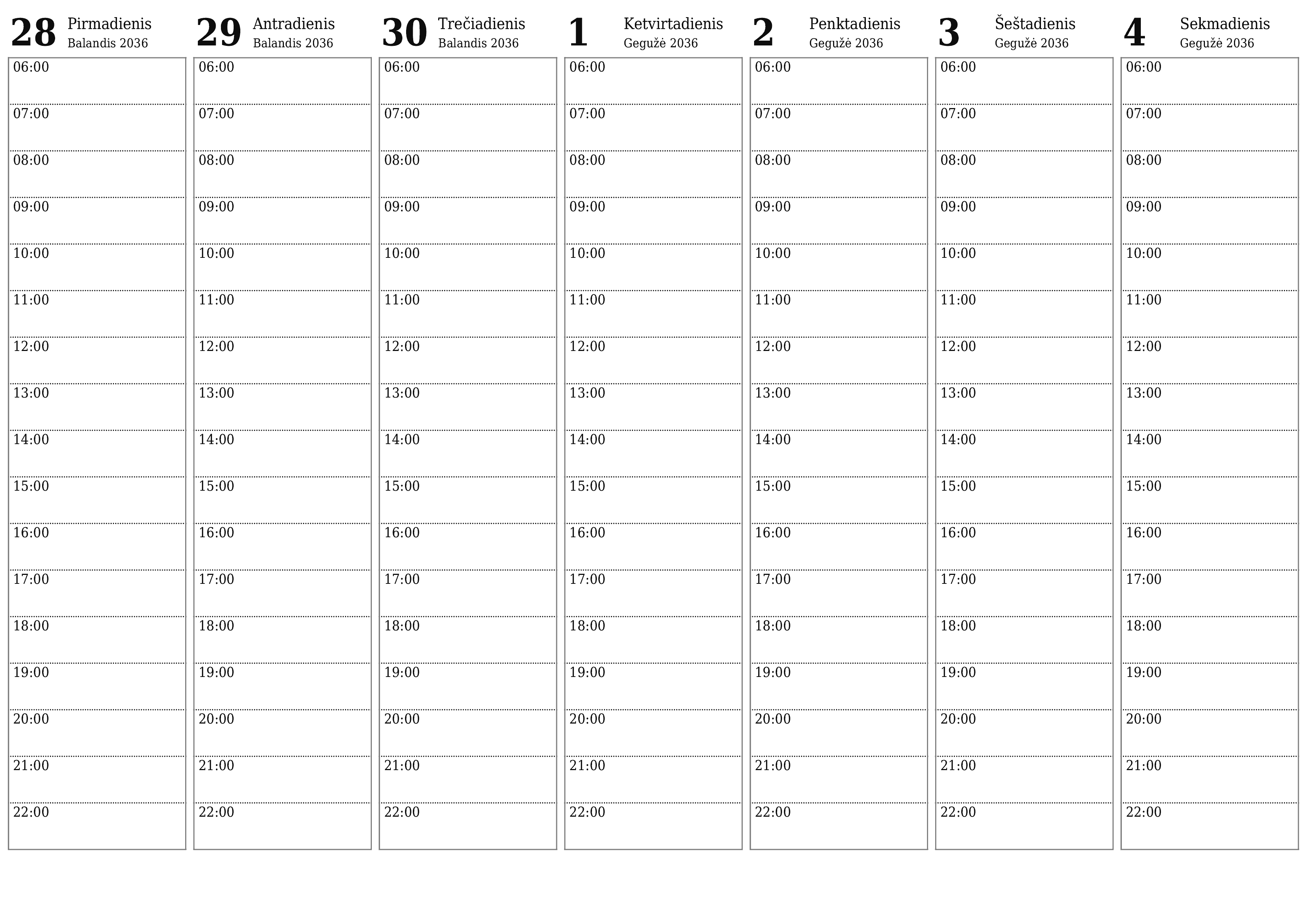 Ištuštinti savaitės planavimo priemonę savaitėms Gegužė 2036 su užrašais, išsaugoti ir atsispausdinti PDF formate PNG Lithuanian