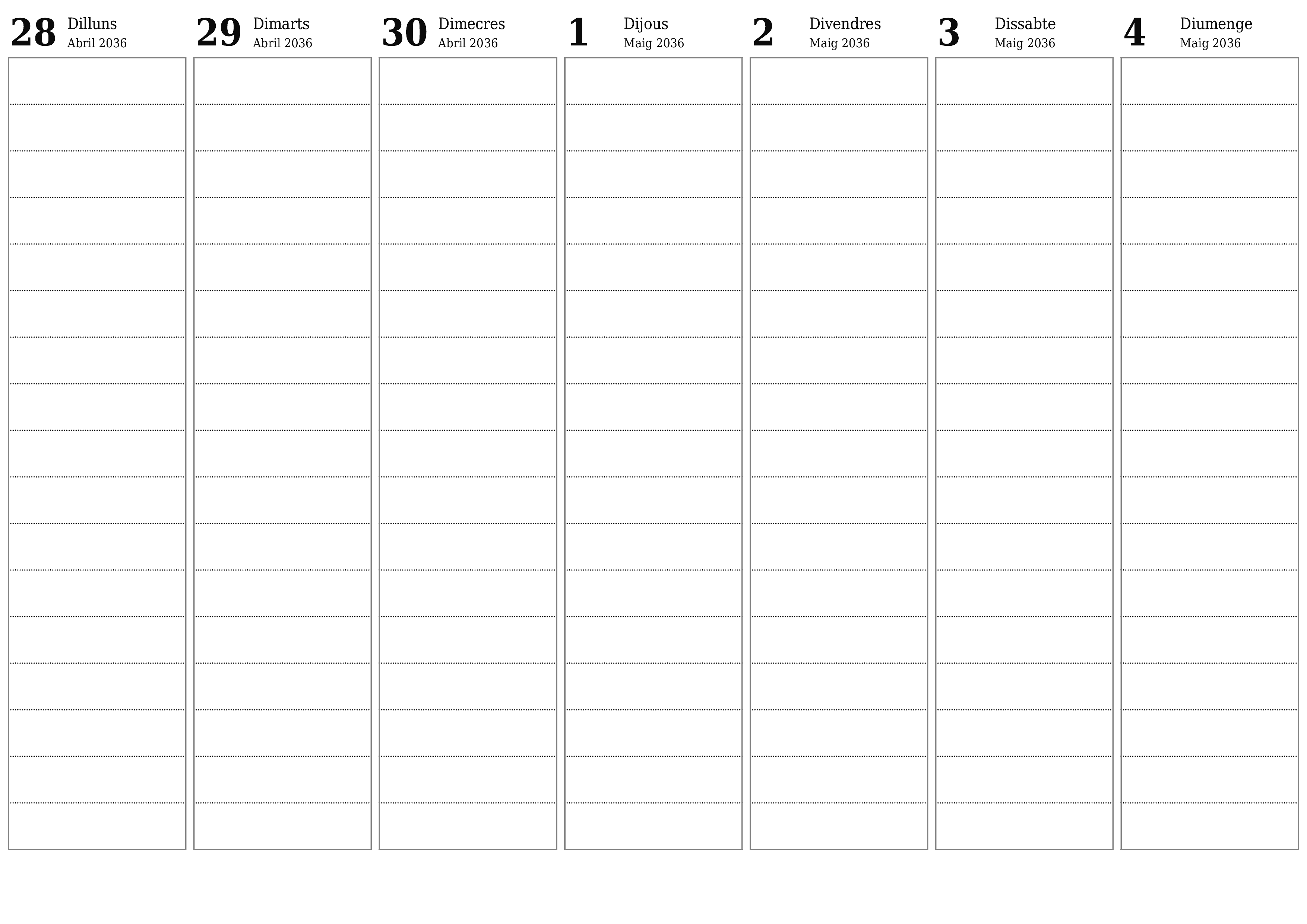 Planificador setmanal buit durant setmanes Maig 2036 amb notes, deseu-lo i imprimiu-lo en format PDF PNG Catalan