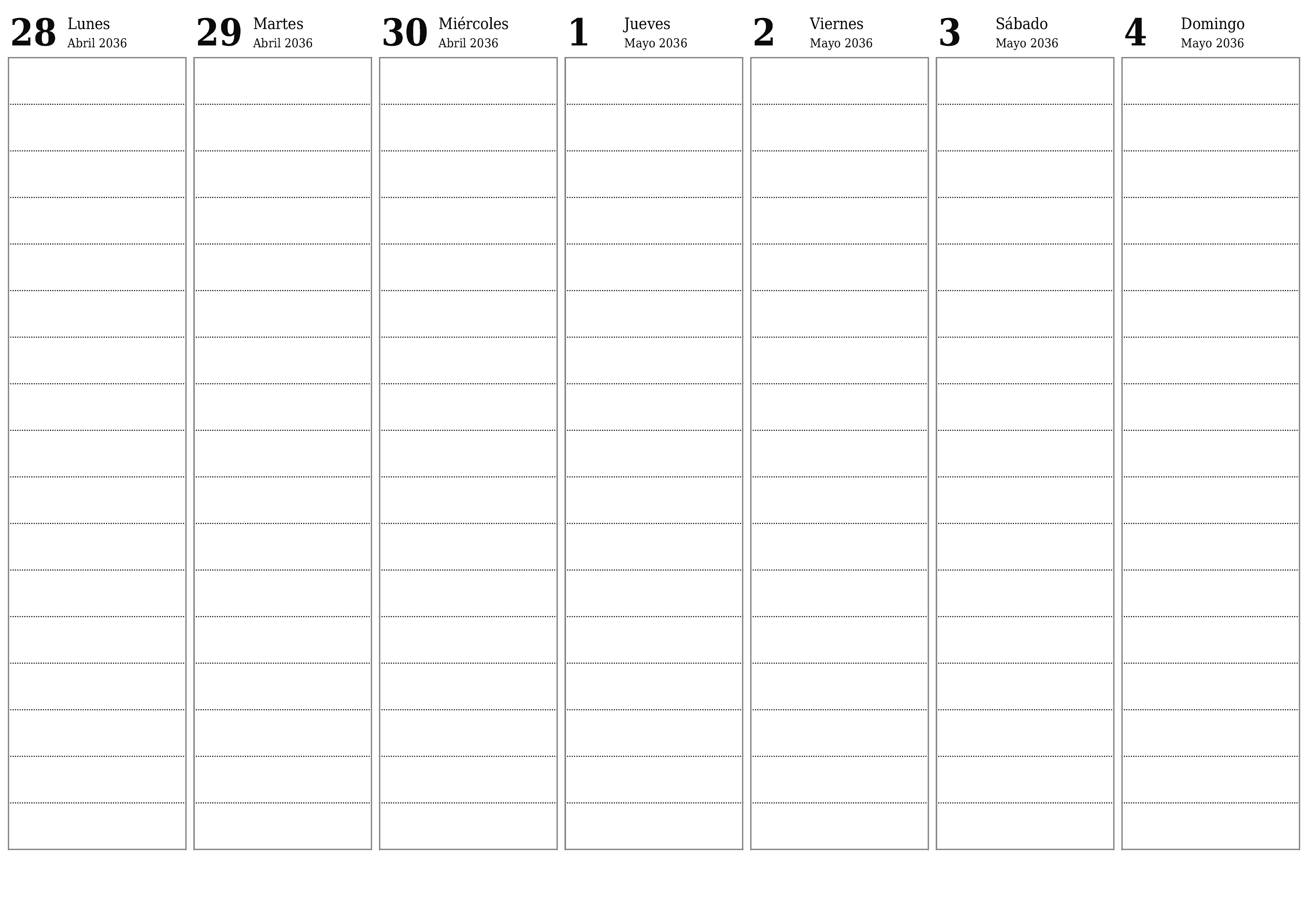 Planificador semanal vacío para semanas Mayo 2036 con notas, guardar e imprimir en PDF PNG Spanish