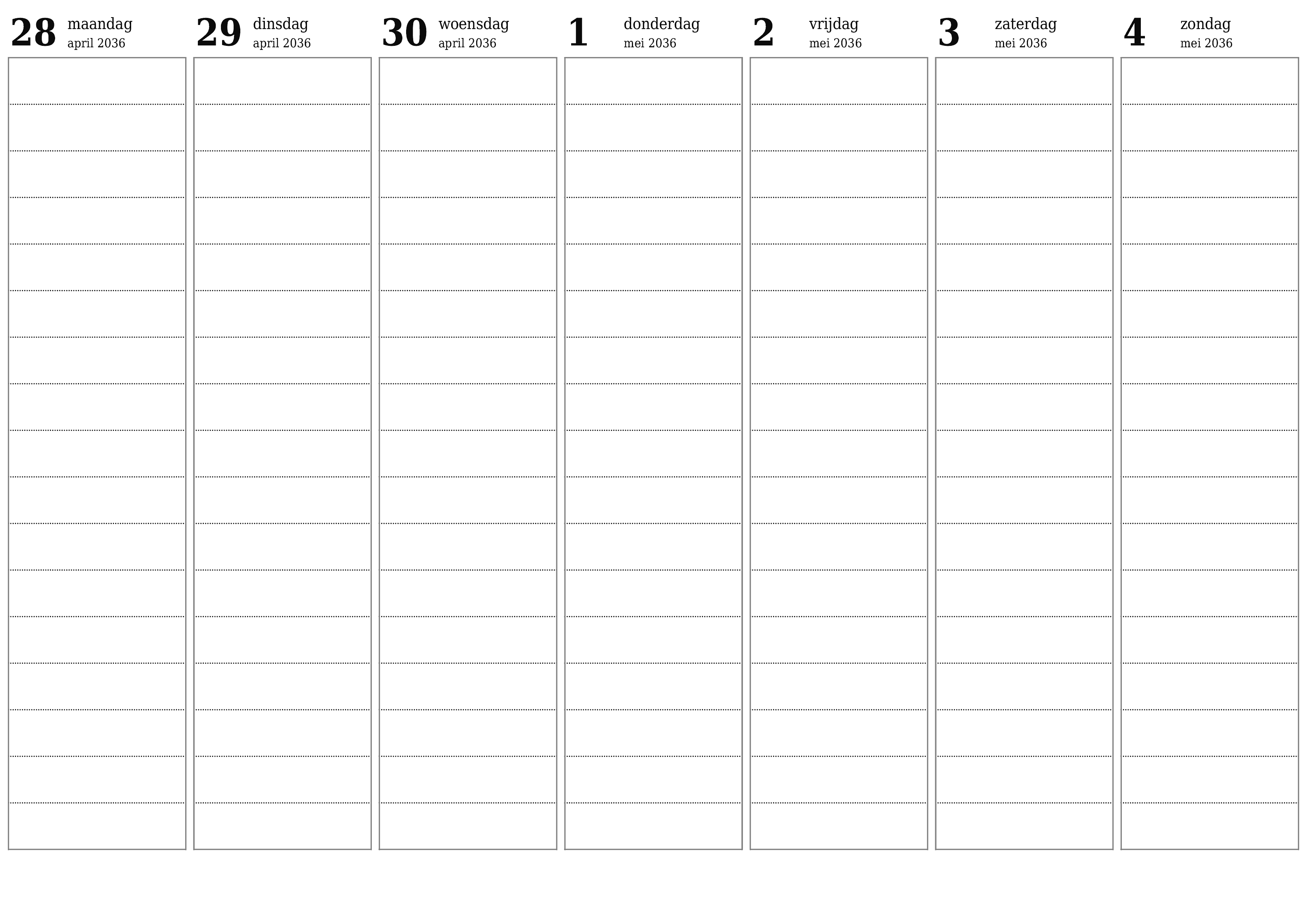Lege weekplanner voor weken mei 2036 met notities, opslaan en afdrukken naar pdf PNG Dutch