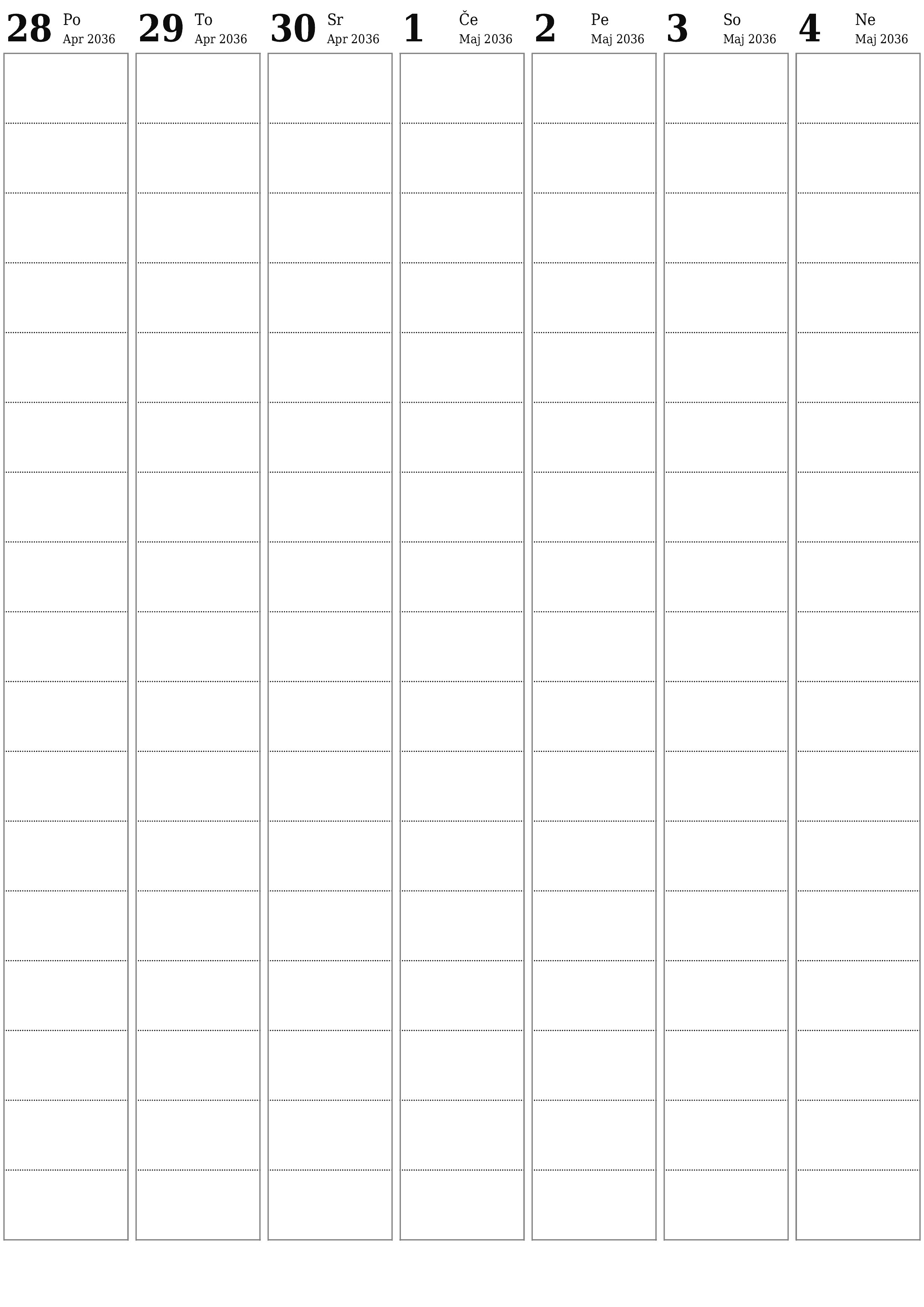 Prazen tedenski koledarski načrtovalec za tedne Maj 2036 z opombami za tiskanje v PDF PNG Slovenian