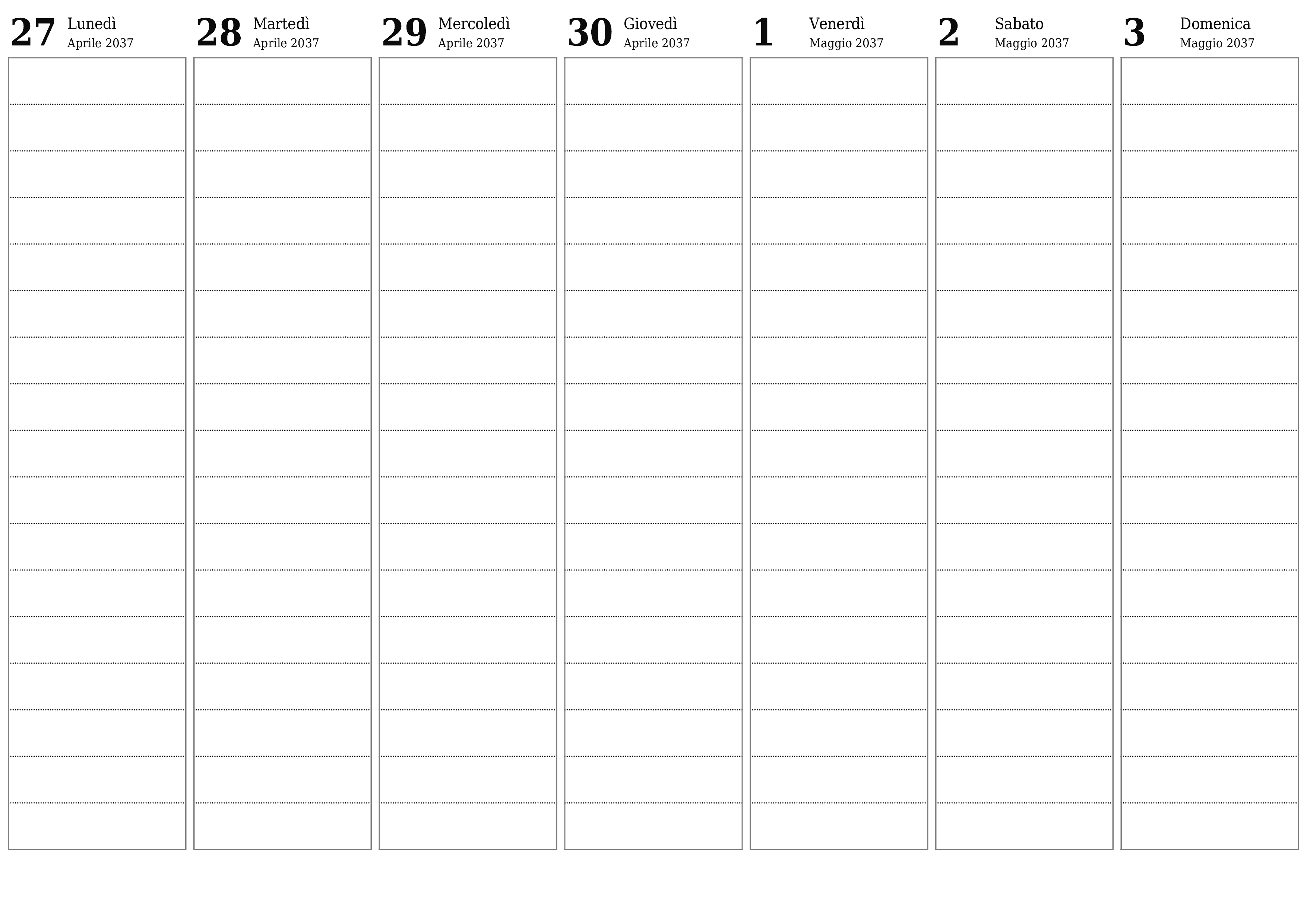 Agenda settimanale vuota per settimane Maggio 2037 con note, salva e stampa in PDF PNG Italian