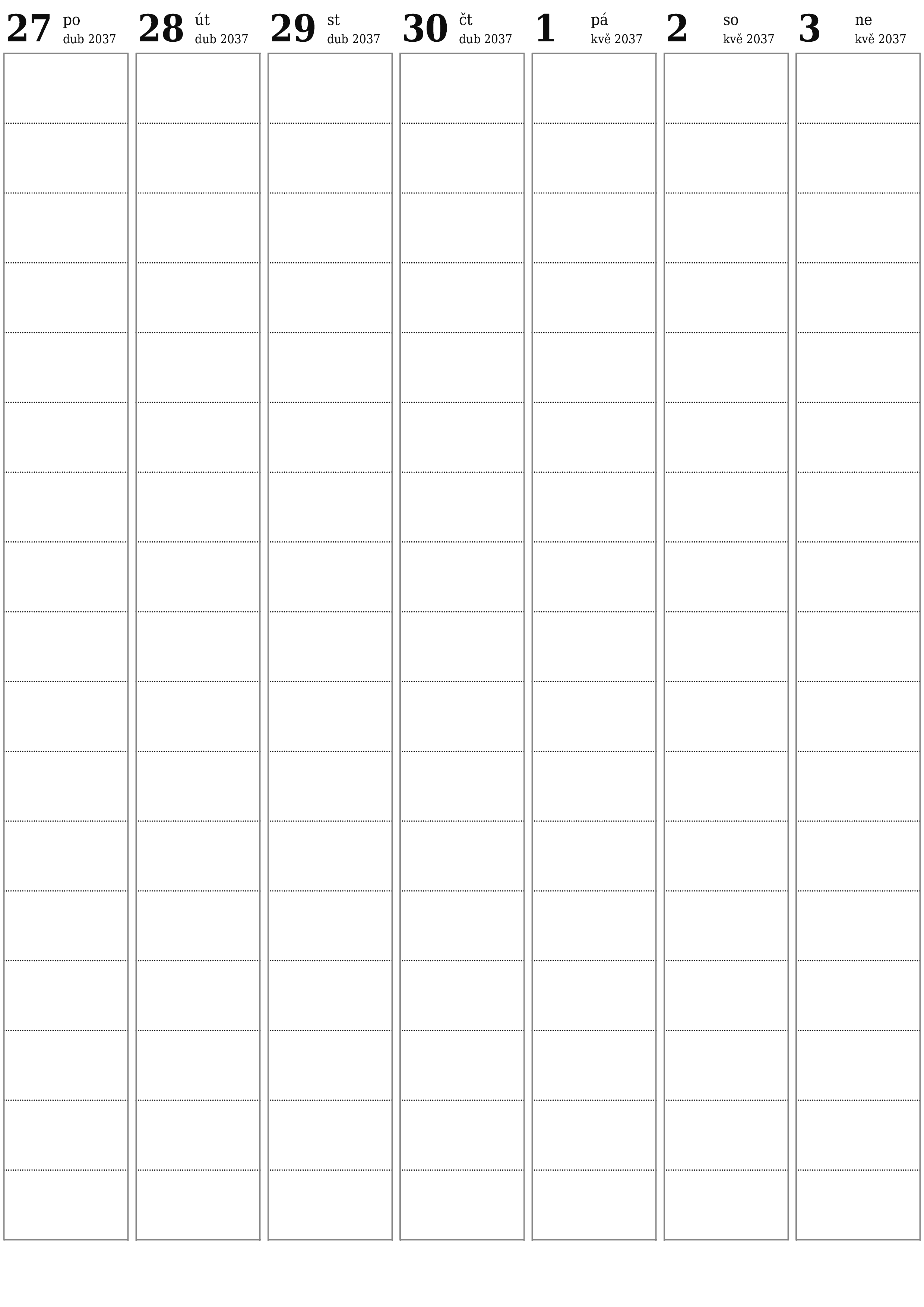 Prázdný týdenní plánovač na týdny květen 2037 s poznámkami, uložením a tiskem do PDF PNG Czech