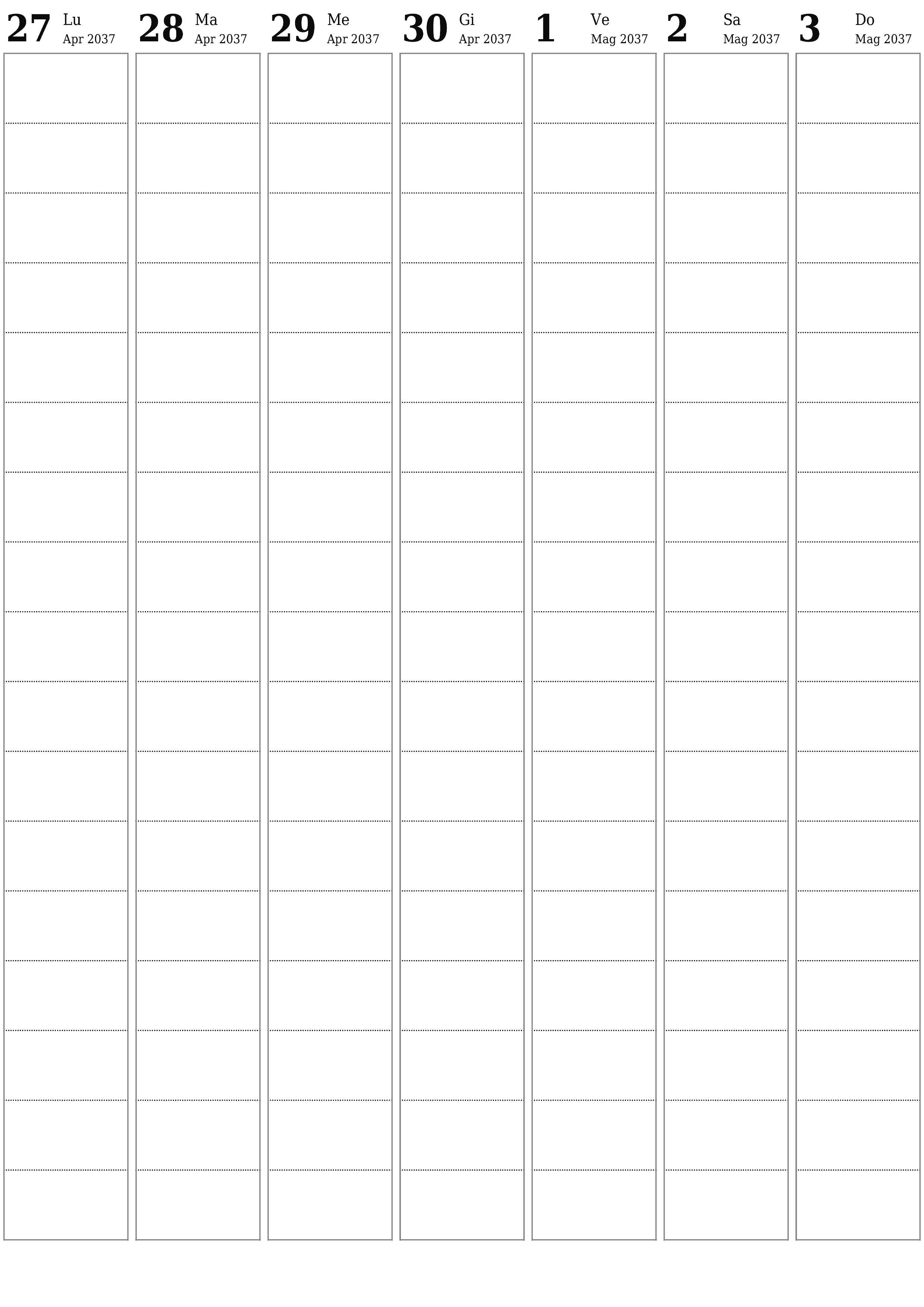 Agenda settimanale vuota per settimane Maggio 2037 con note, salva e stampa in PDF PNG Italian