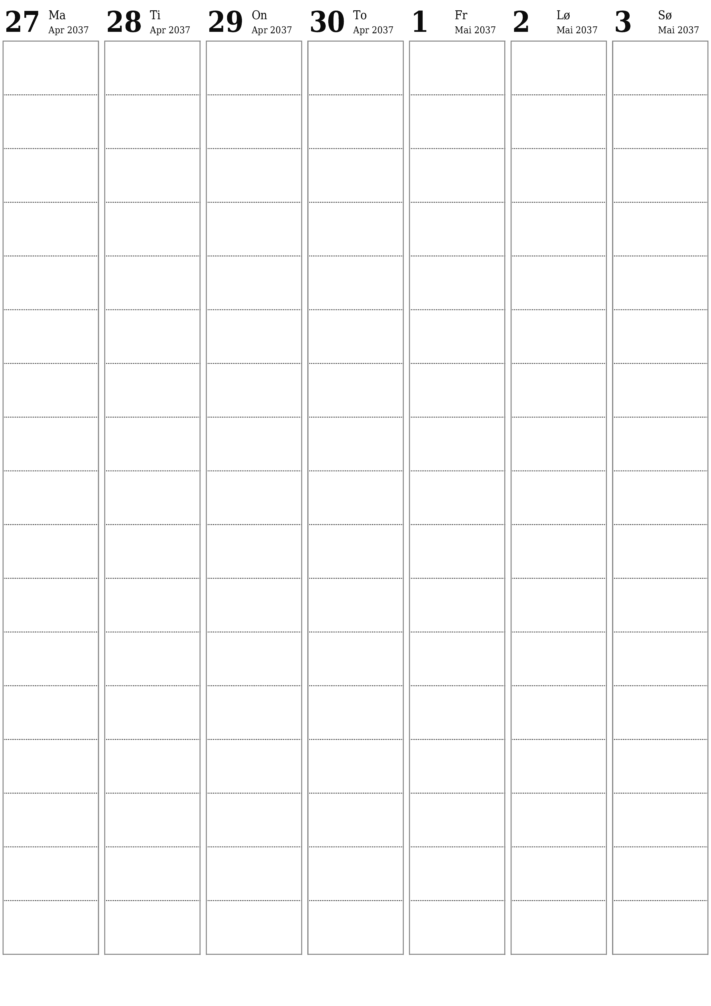 Tøm ukentlig planlegger i uker Mai 2037 med notater, lagre og skriv ut i PDF PNG Norwegian
