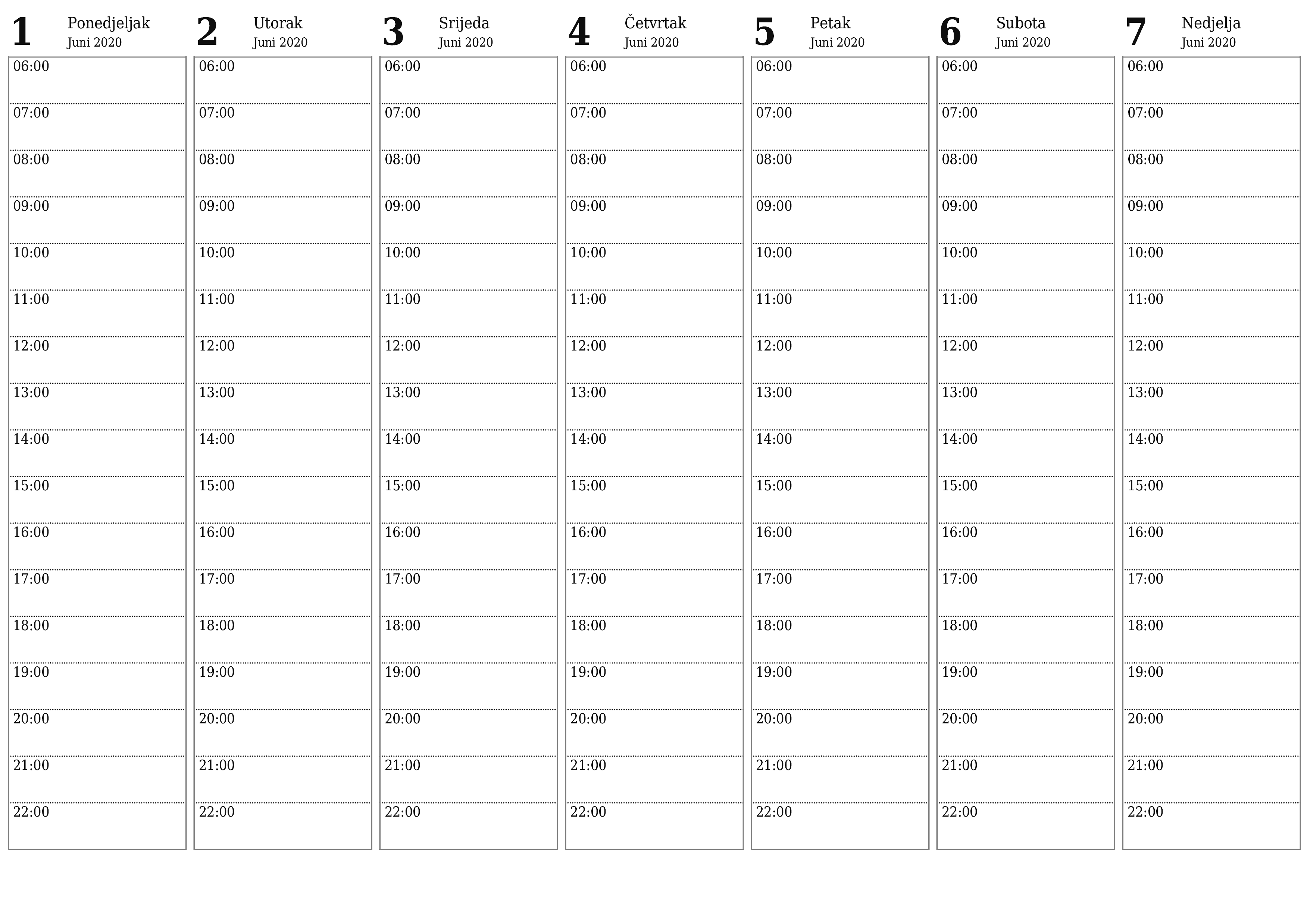  za štampanje zidni šablon a besplatni horizontalno Tjedno planer kalendar Juni (Jun) 2020