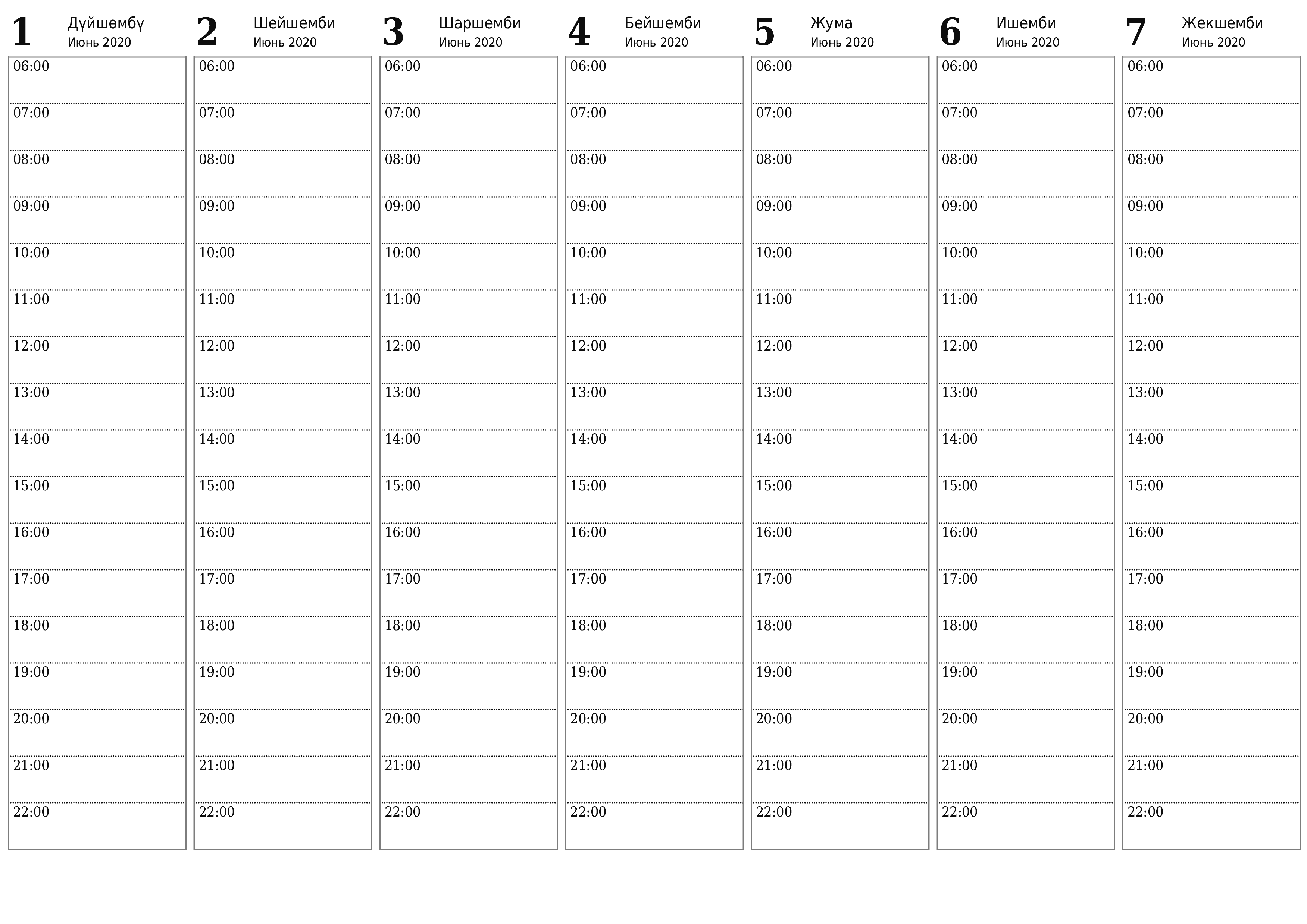 PDF PNG Kyrgyz форматында басып чыгаруу үчүн эскертүүлөр менен Кулжа 2020 үчүн бош жумалык календардык пландоочу