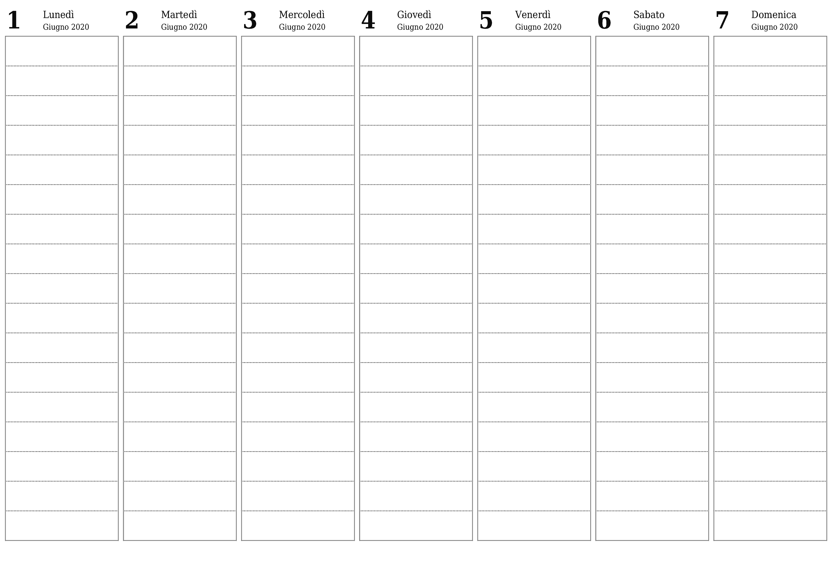 Agenda settimanale vuota per settimane Giugno 2020 con note, salva e stampa in PDF PNG Italian