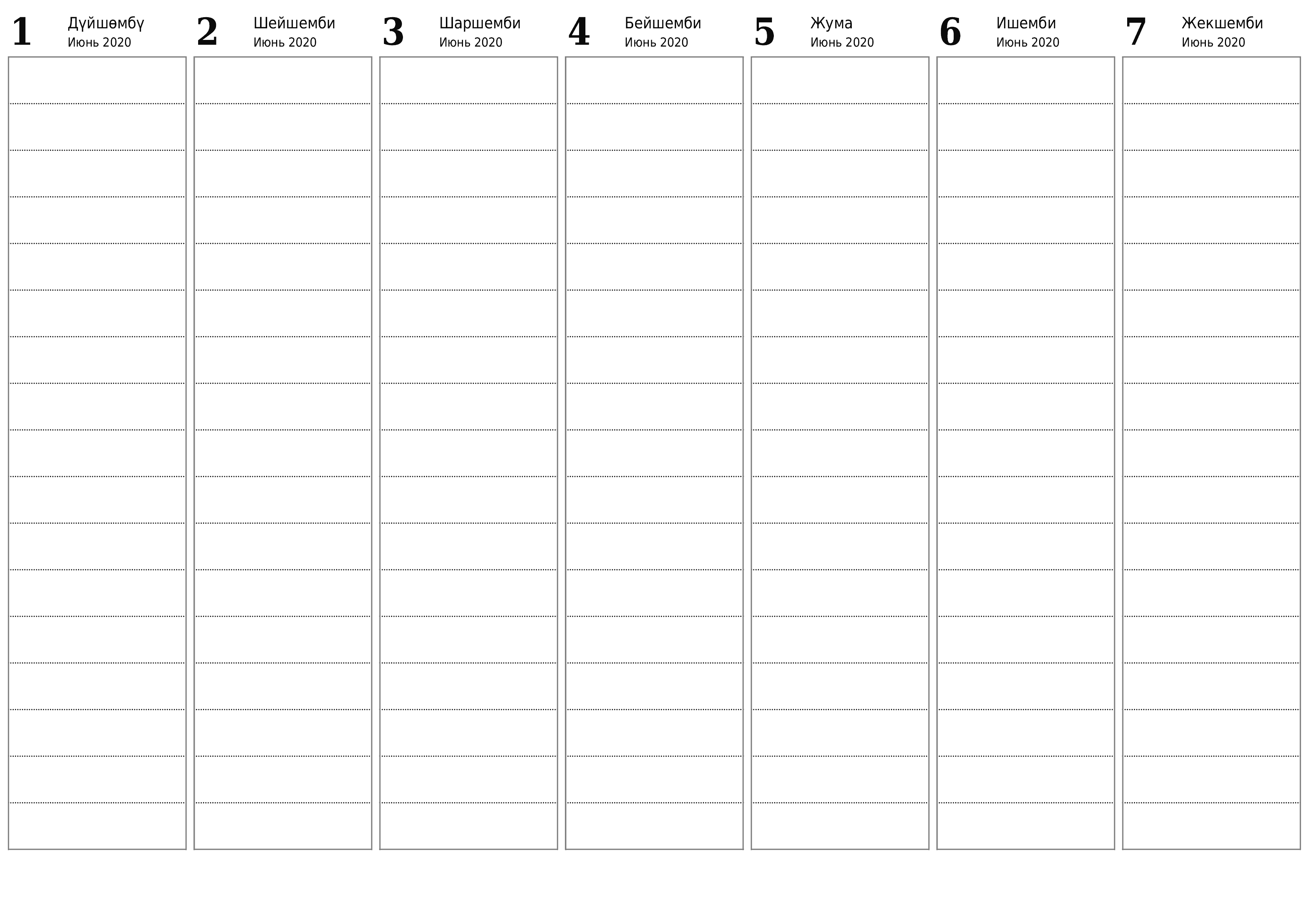 басма ь дубал ы шаблон акысыз ьгоризонталдуу Апта сайын планер календар Кулжа (Июн) 2020