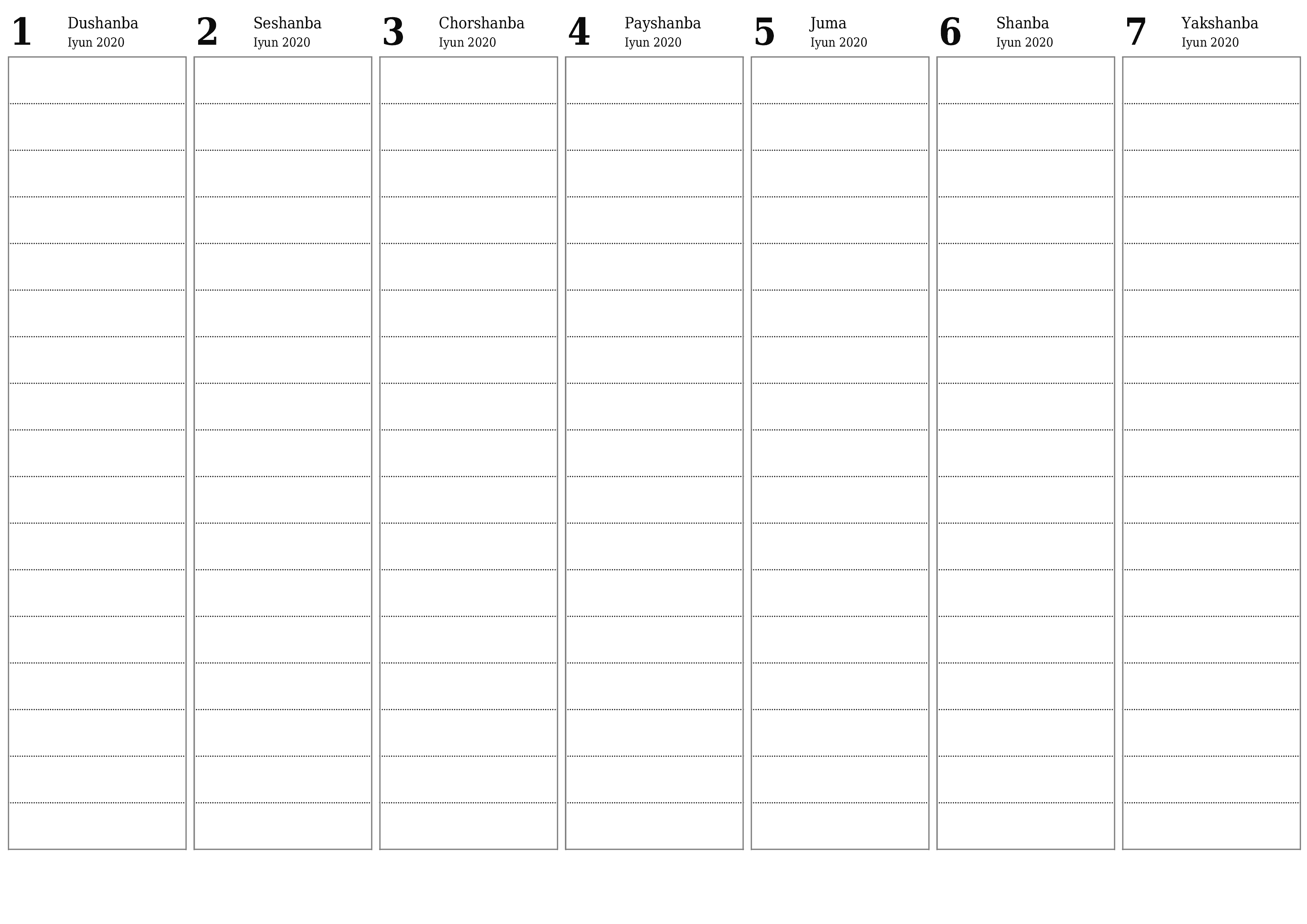 Haftalik rejalashtiruvchi Iyun 2020 haftalar uchun yozuvlar bilan bo'shatib, saqlang va PDF-ga chop eting PNG Uzbek