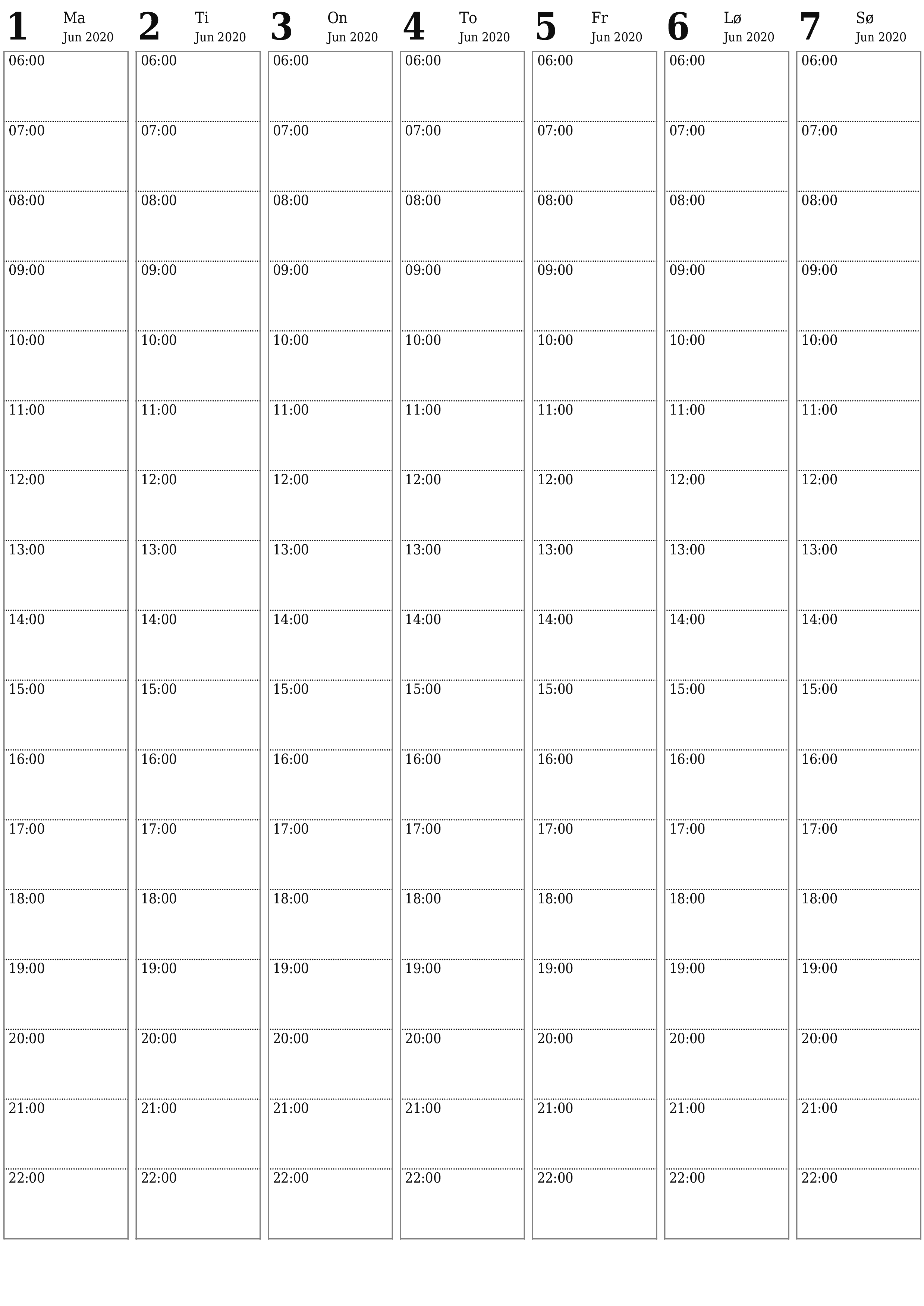 udskrivbar væg skabelon gratis lodret Ugentligt planlægger kalender Juni (Jun) 2020