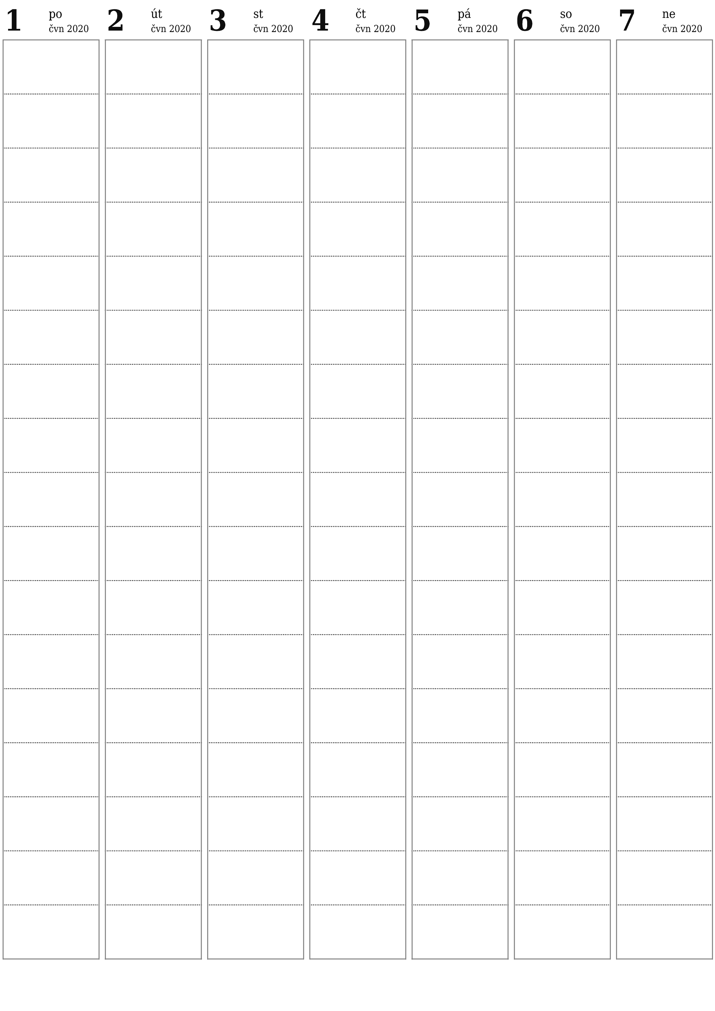 Prázdný týdenní plánovač na týdny červen 2020 s poznámkami, uložením a tiskem do PDF PNG Czech