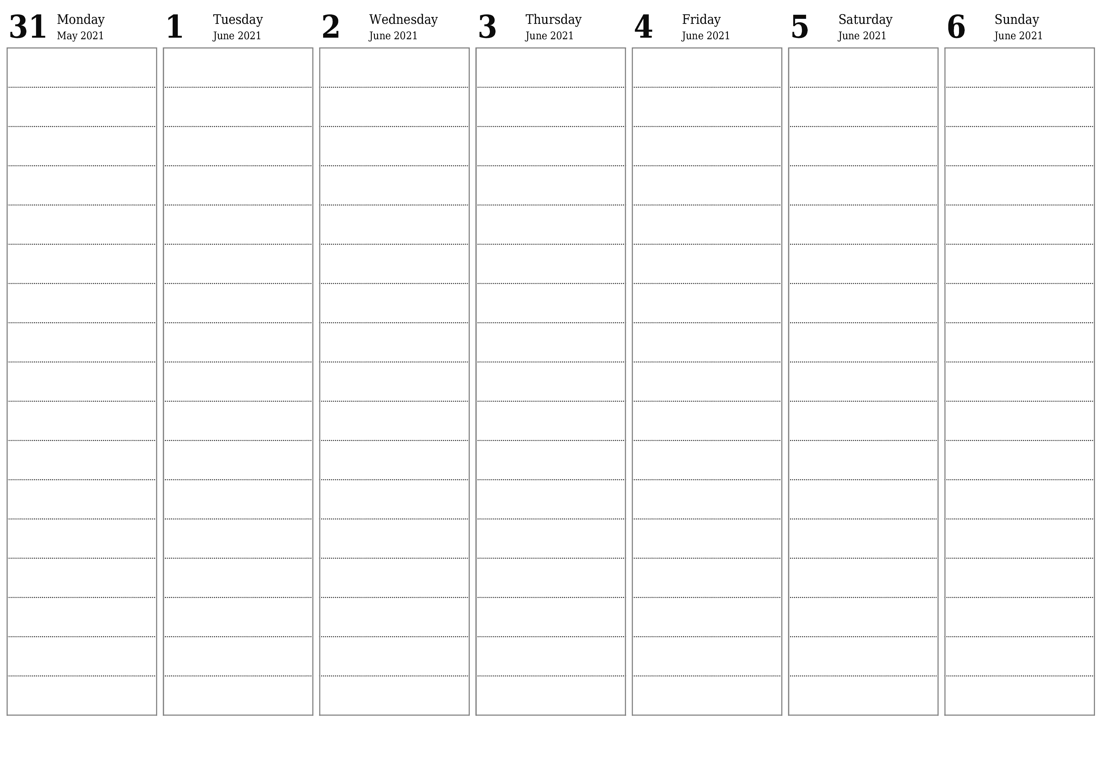 Blank weekly printable calendar and planner for week June 2021 with notes, save and print to PDF PNG English
