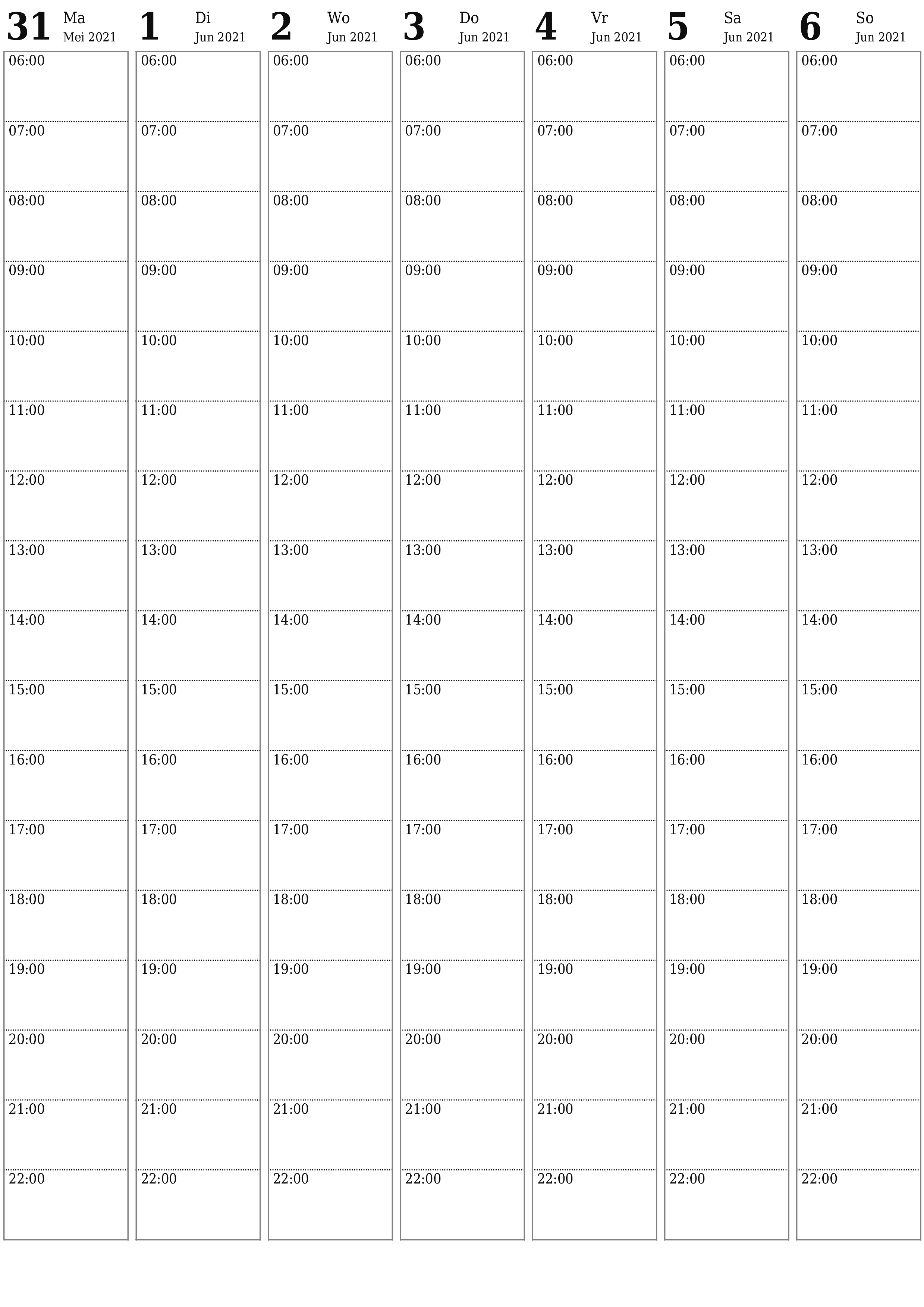 Leë weeklikse drukbare kalender en beplanner vir week Junie 2021 met notas, stoor en druk na PDF PNG Afrikaans