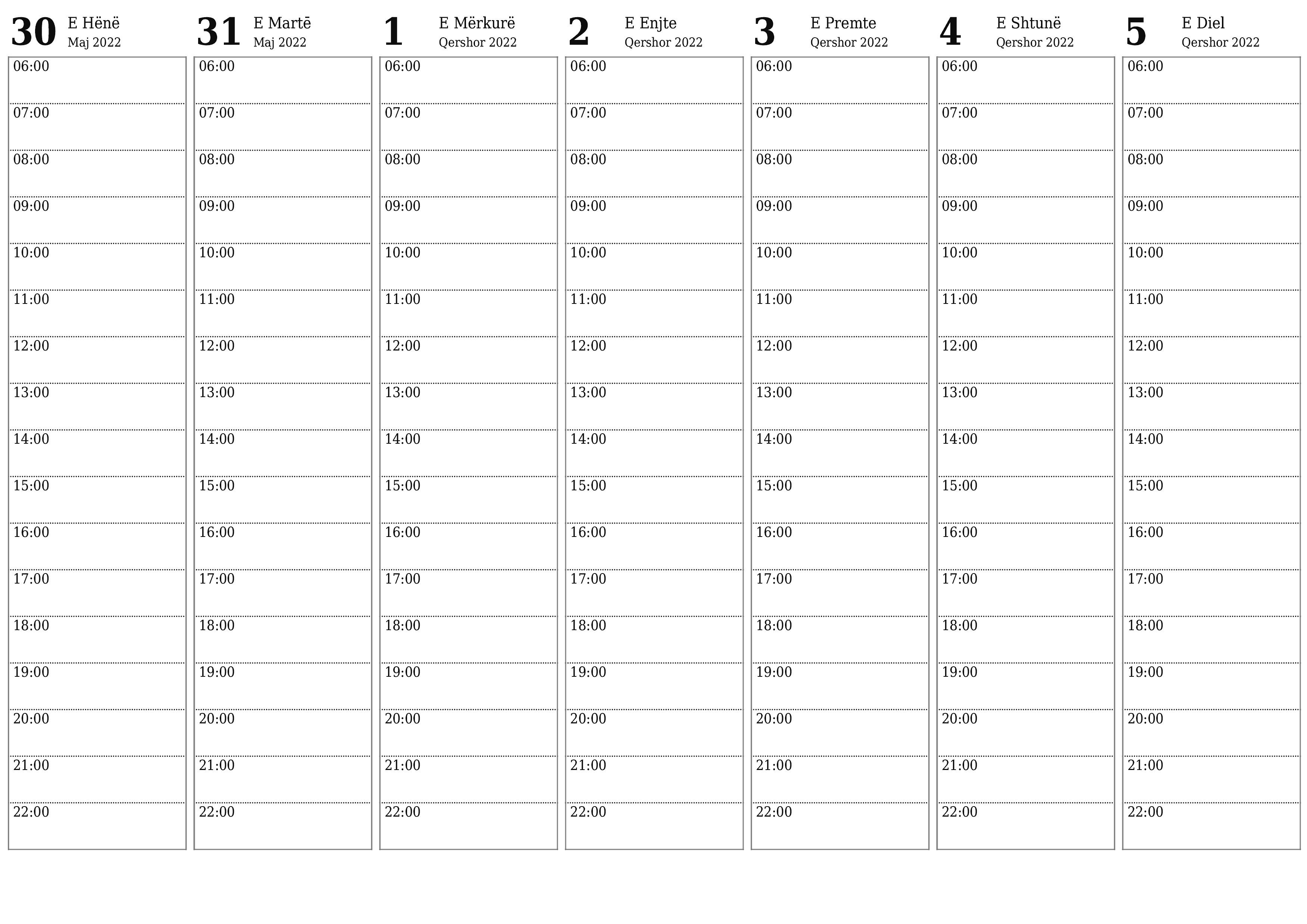 Planifikuesi bosh javor i kalendarit për javë Qershor 2022 me shënime, ruani dhe printoni në PDF PNG Albanian