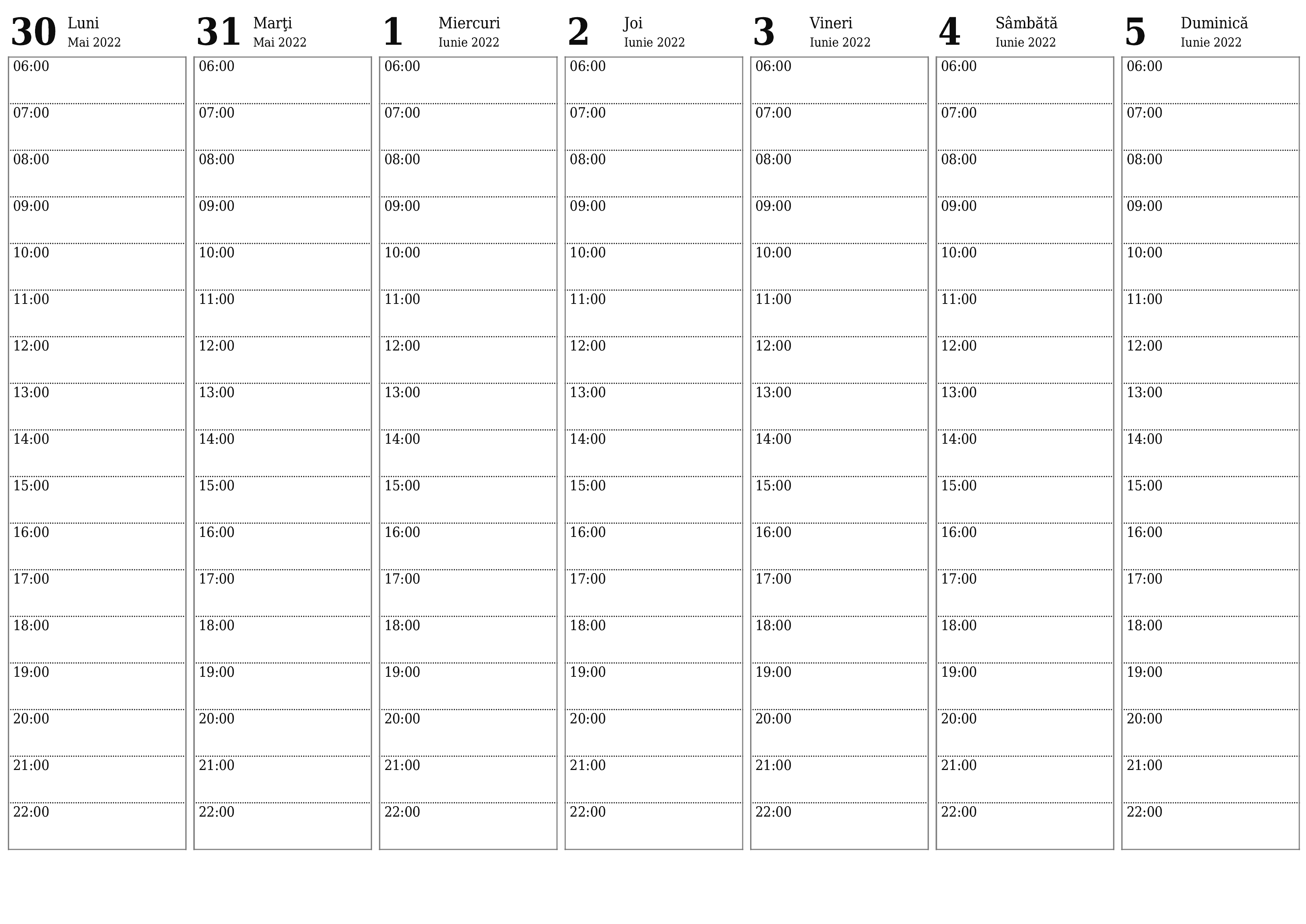  imprimabil de perete șablon de gratuitorizontală Săptămânal planificator calendar Iunie (Iun) 2022