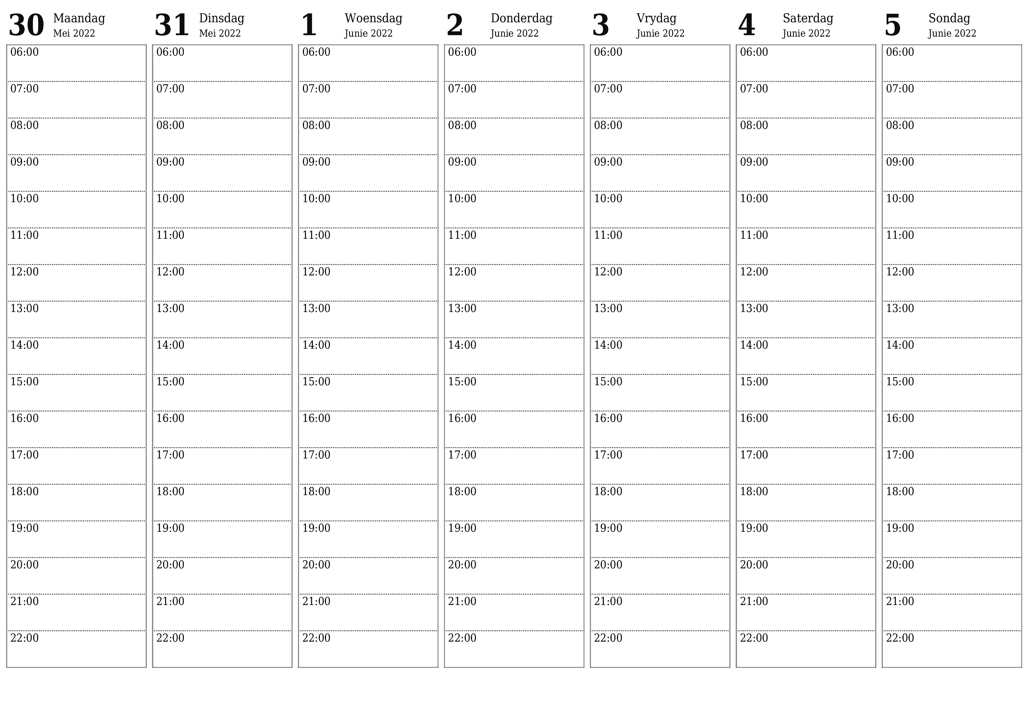 drukbare muur template gratis horisontaal Weekliks beplanner kalender Junie (Jun) 2022