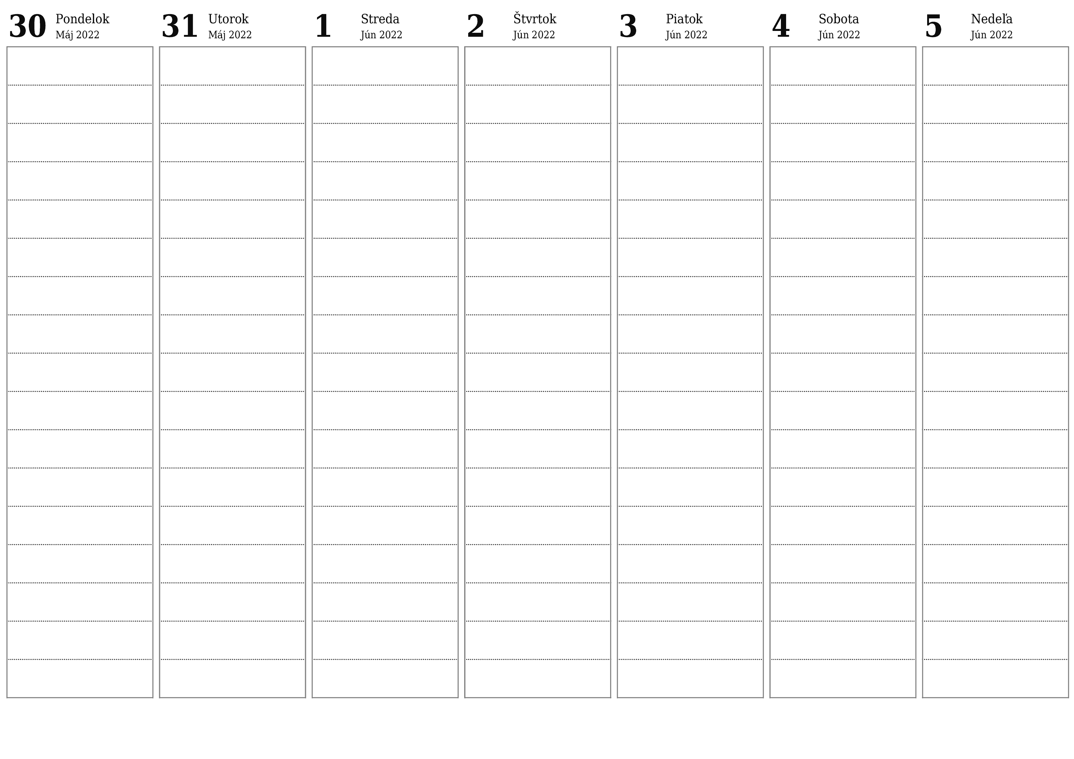 vytlačiteľný nástenný šablóna a bezplatný горизонтальный Týždenne plánovač kalendár Jún (Jún) 2022