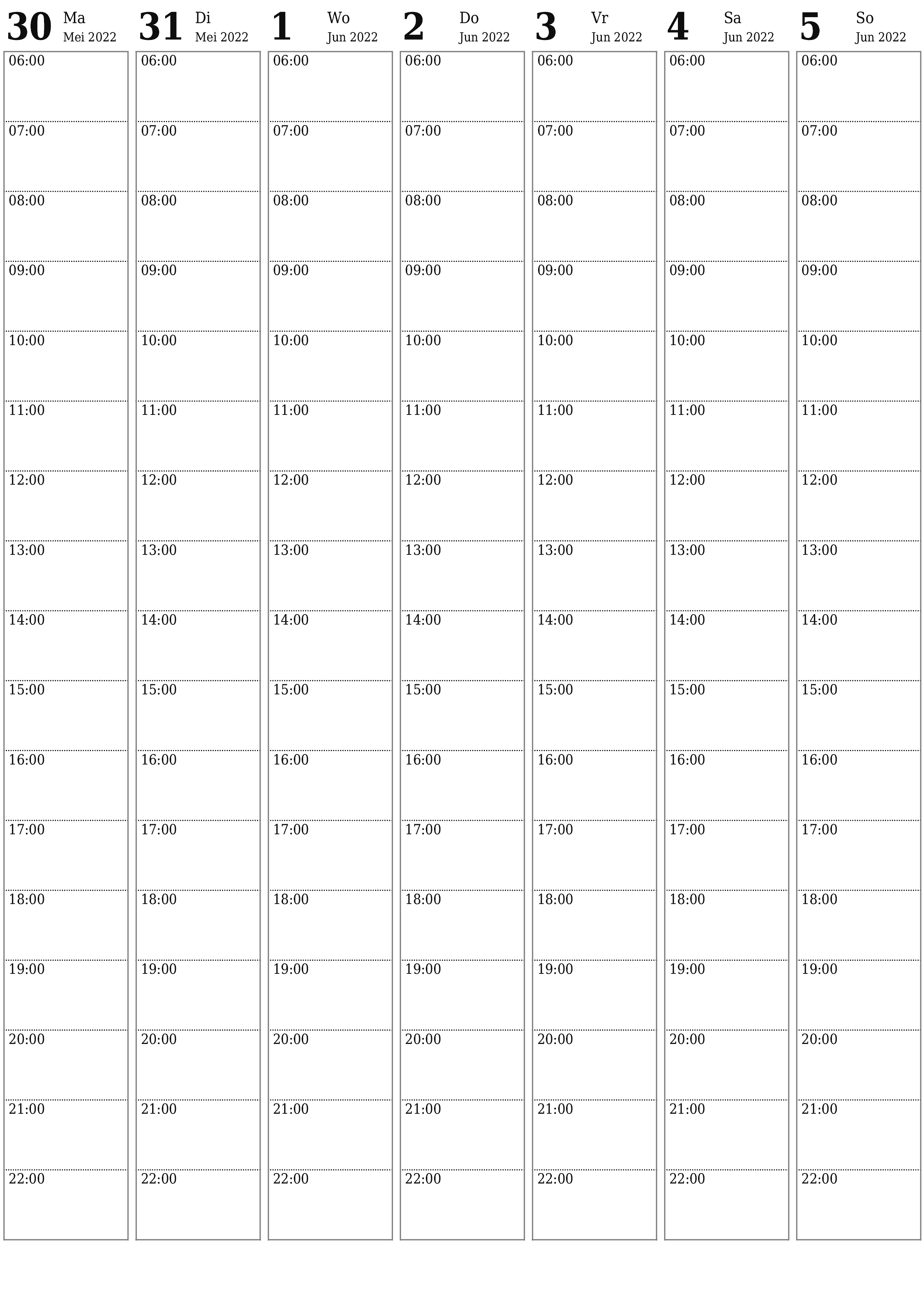 drukbare muur template gratis vertikaal Weekliks beplanner kalender Junie (Jun) 2022