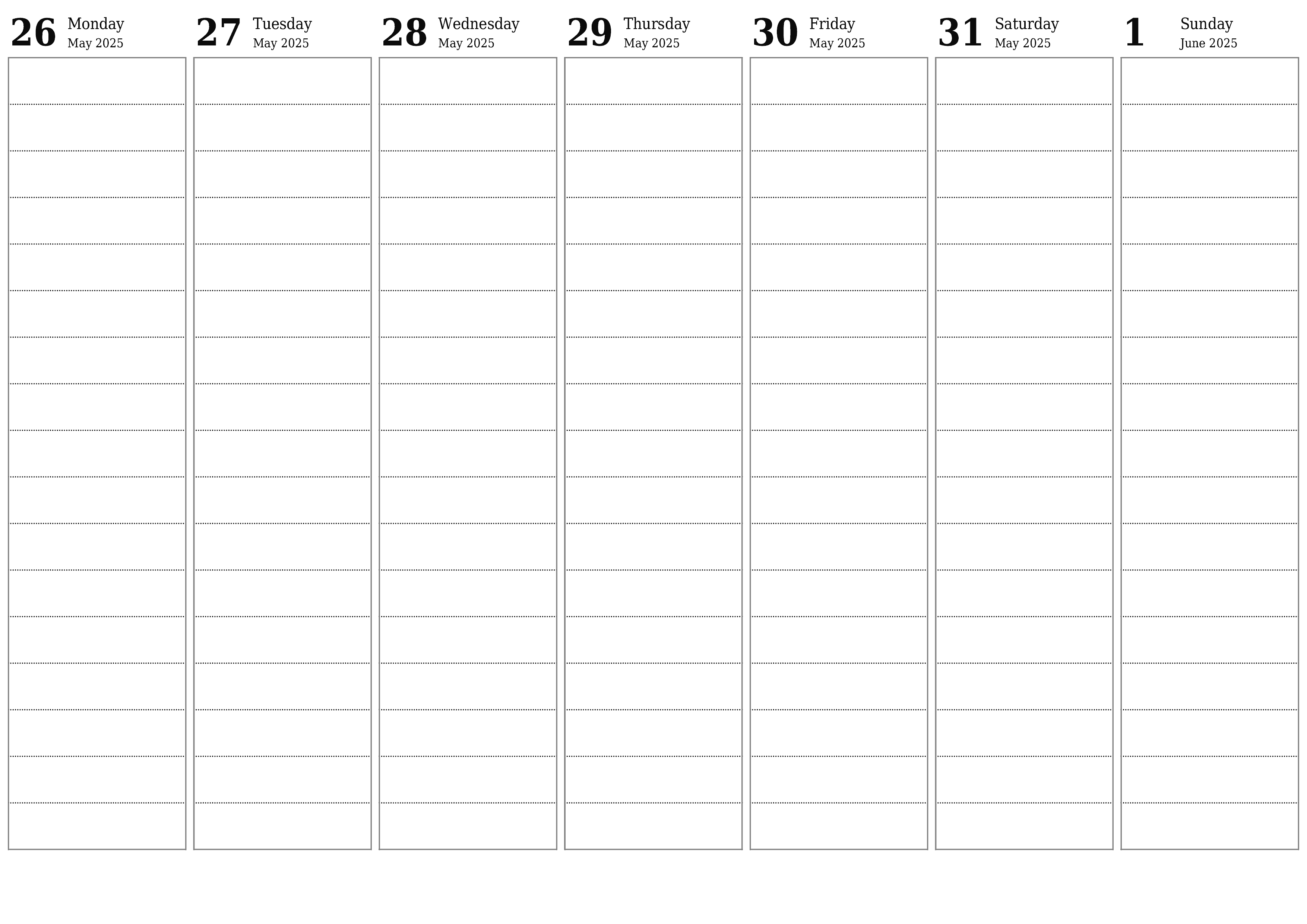 Blank weekly printable calendar and planner for week June 2025 with notes, save and print to PDF PNG English