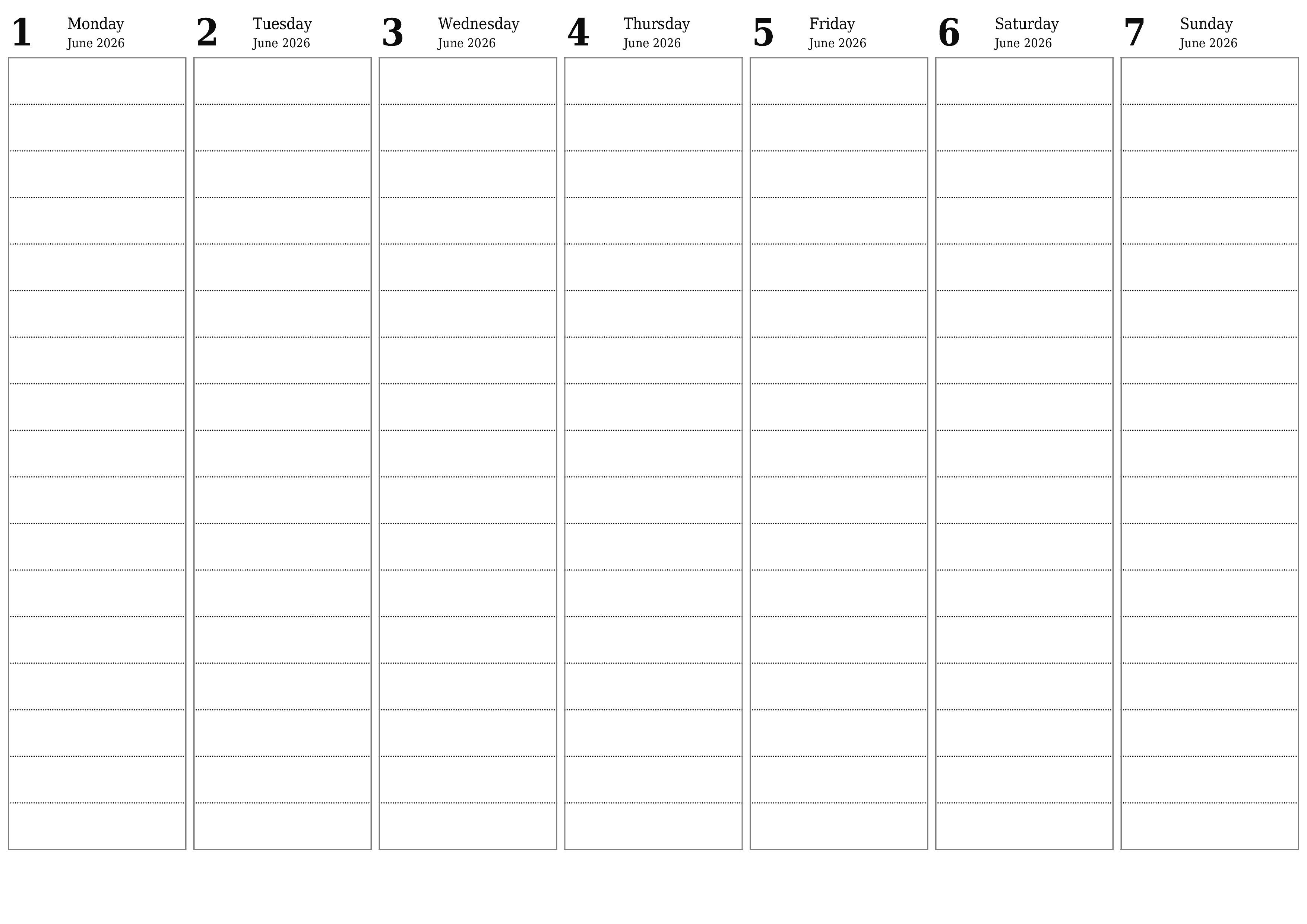 Blank weekly printable calendar and planner for week June 2026 with notes, save and print to PDF PNG English