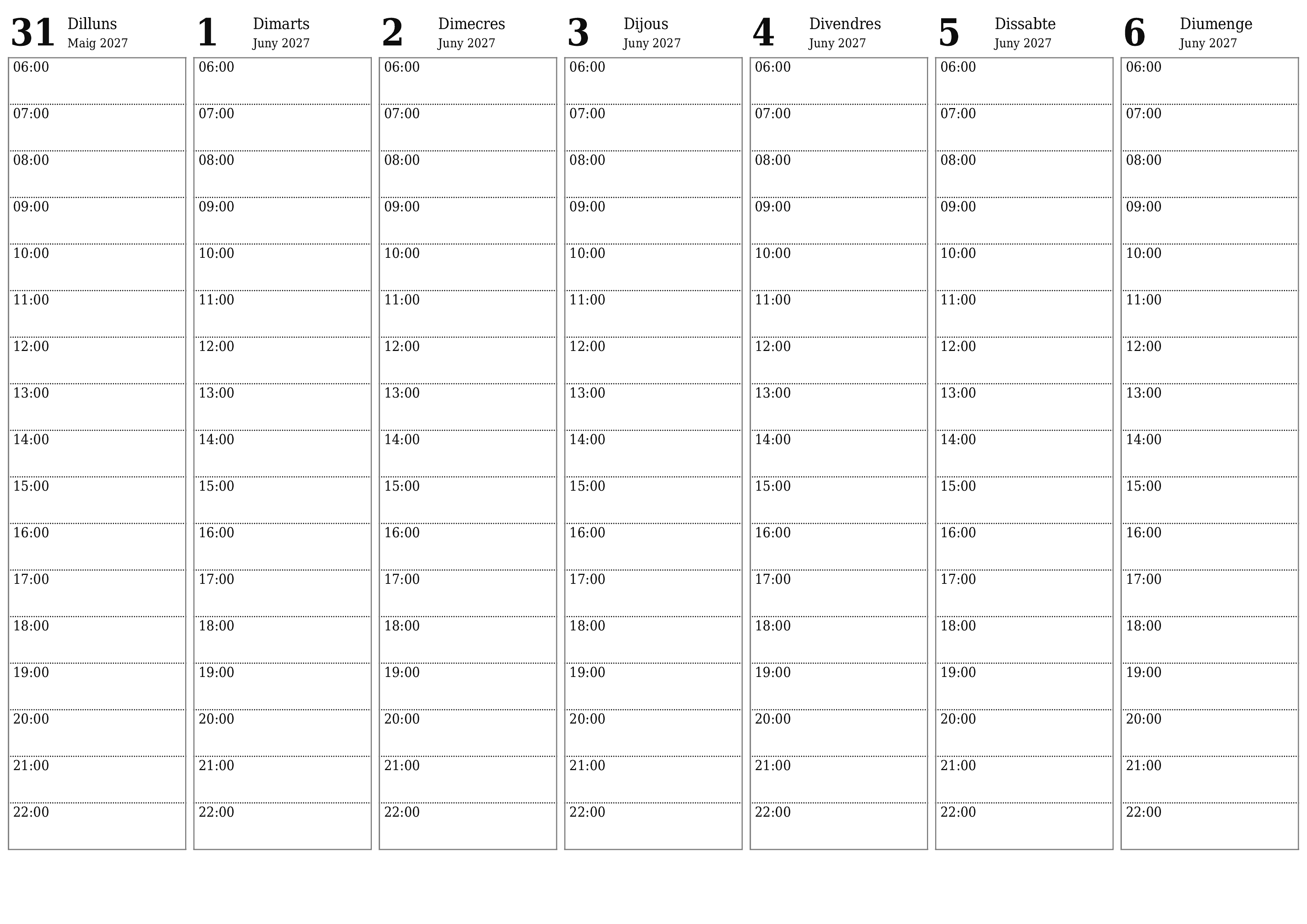 Planificador setmanal buit durant setmanes Juny 2027 amb notes, deseu-lo i imprimiu-lo en format PDF PNG Catalan