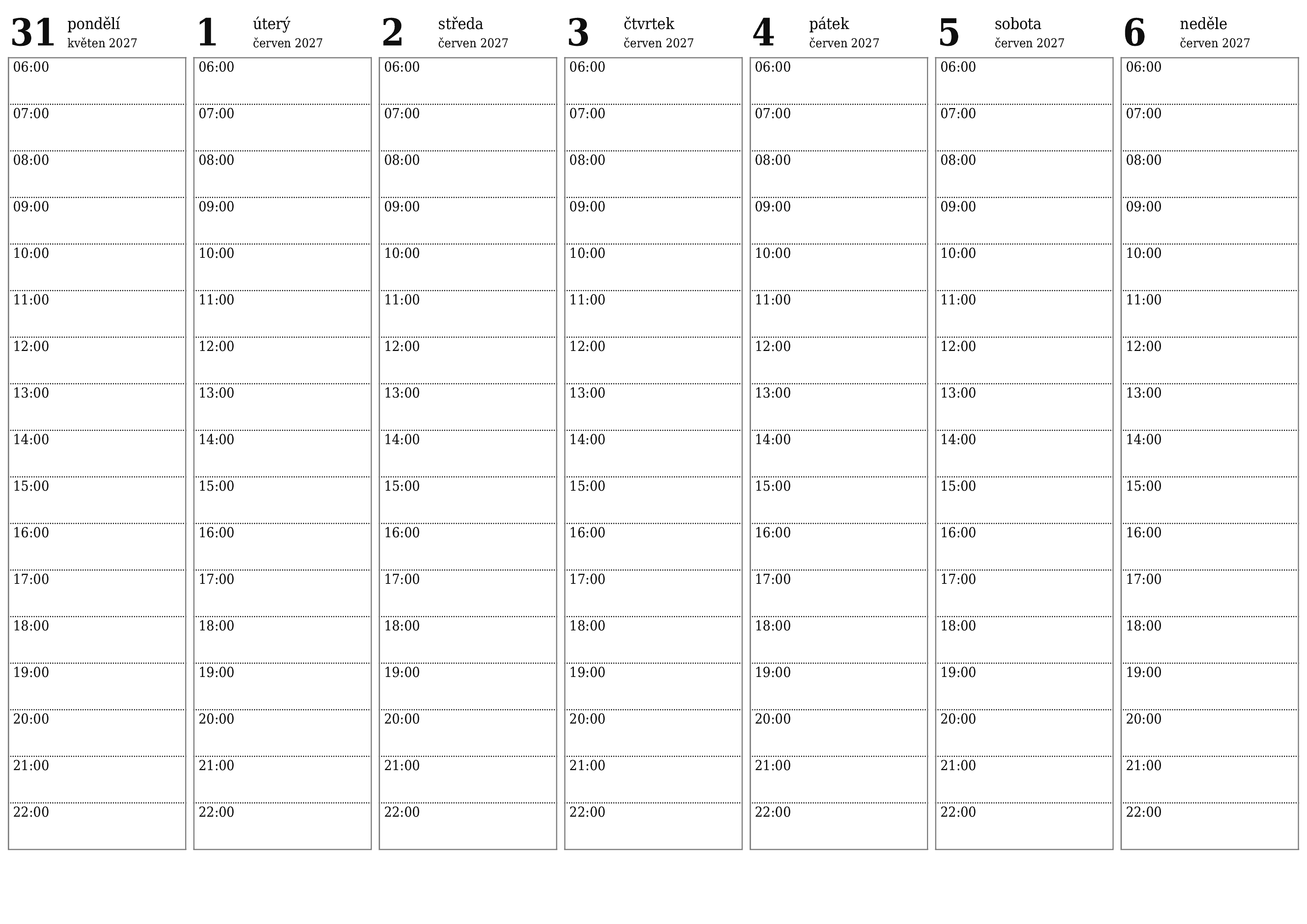 Prázdný týdenní plánovač na týdny červen 2027 s poznámkami, uložením a tiskem do PDF PNG Czech