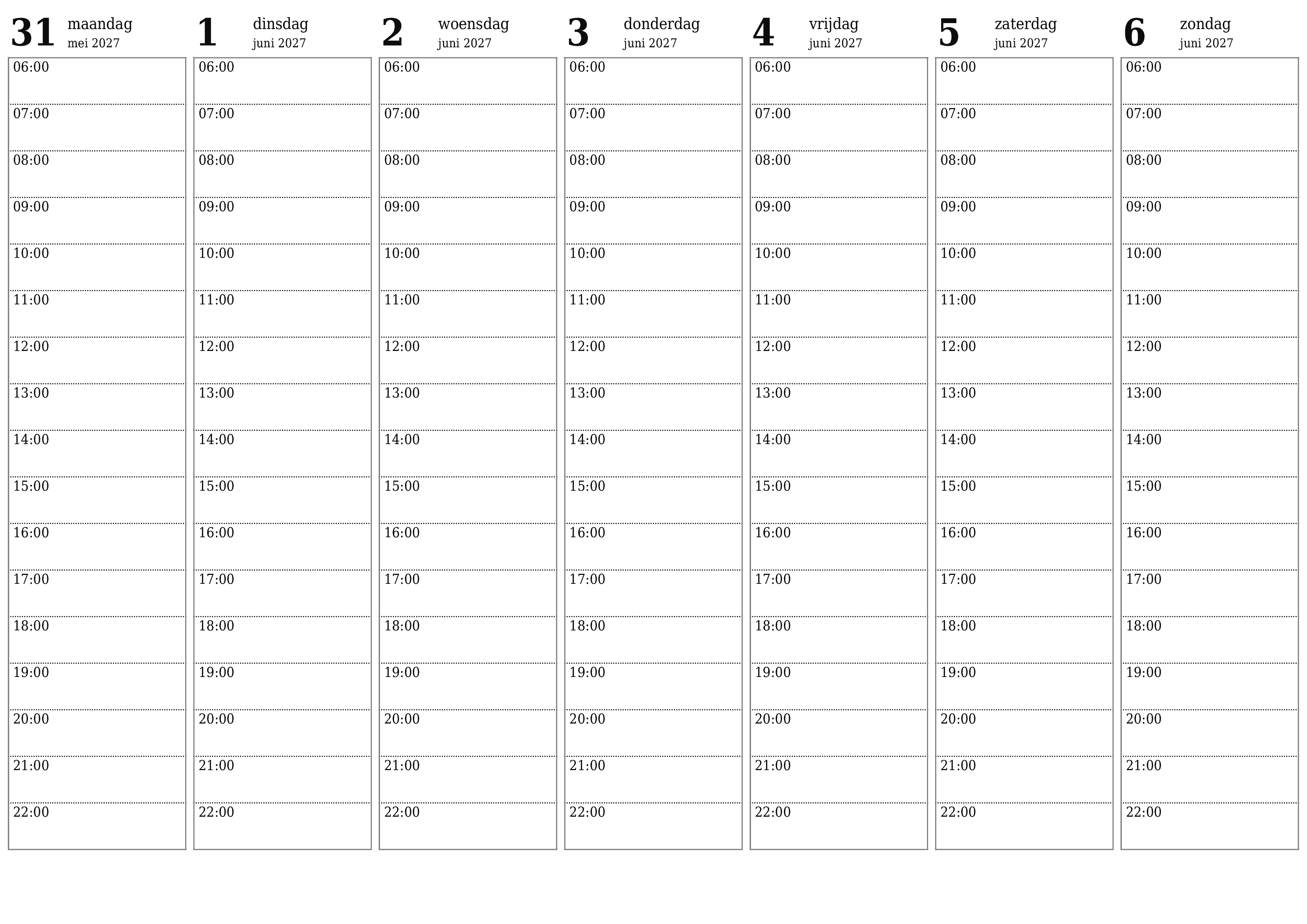 Lege weekplanner voor weken juni 2027 met notities, opslaan en afdrukken naar pdf PNG Dutch