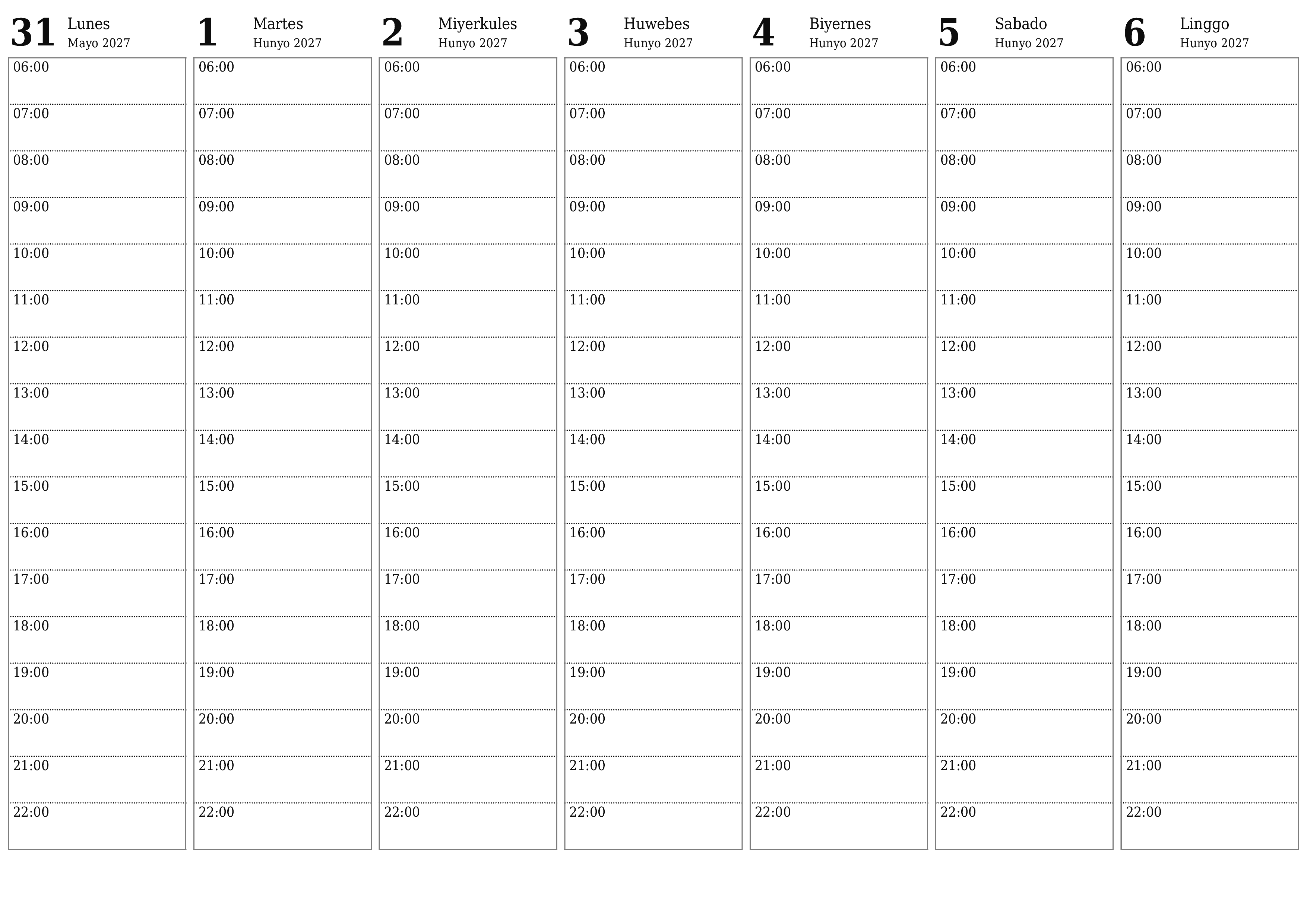 Walang laman lingguhang tagaplano para sa mga linggo Hunyo 2027 na may mga tala, i-save at i-print sa PDF PNG Filipino