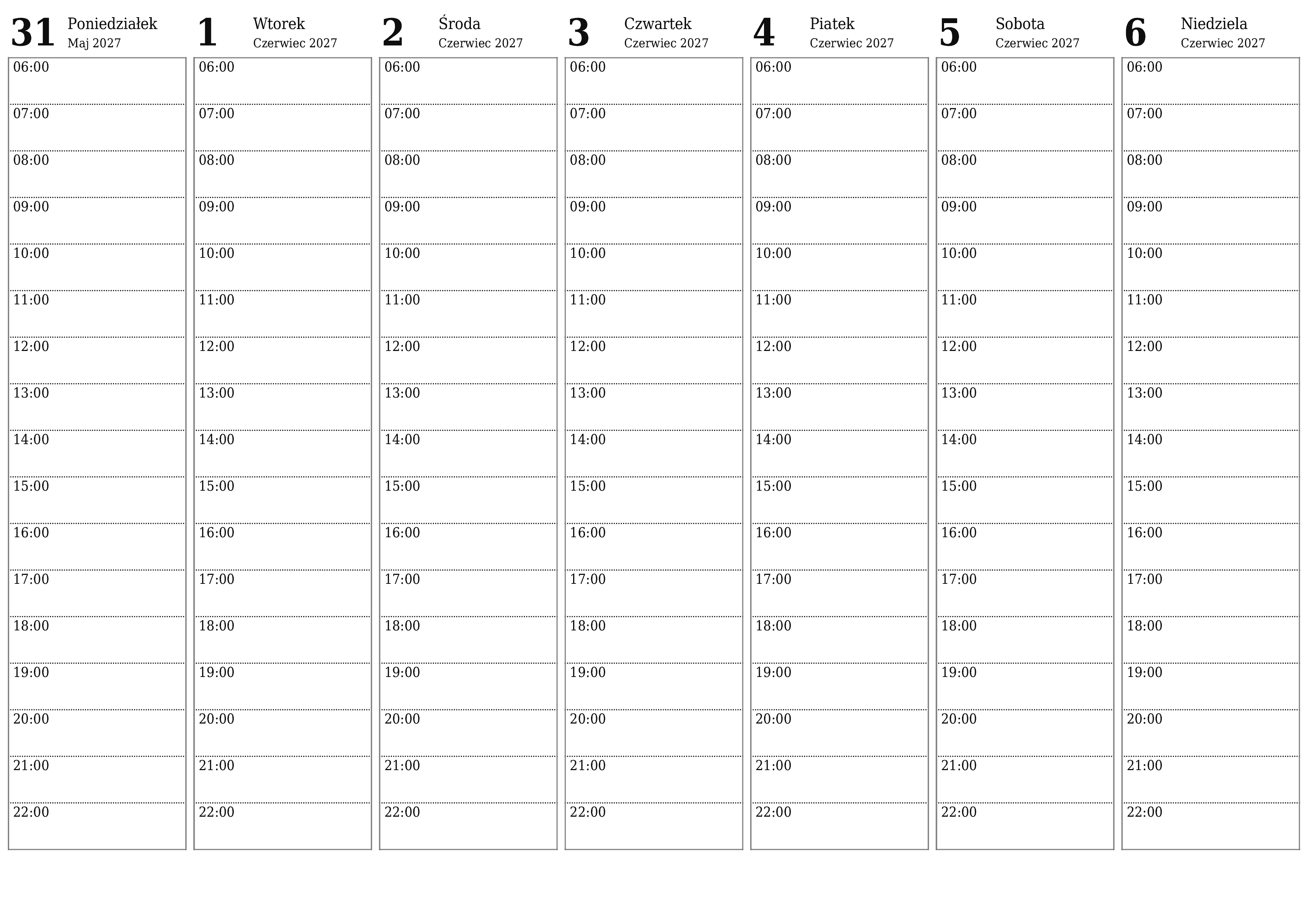 Opróżnij tygodniowy planer na tygodnie Czerwiec 2027 z notatkami, zapisz i wydrukuj w formacie PDF PNG Polish