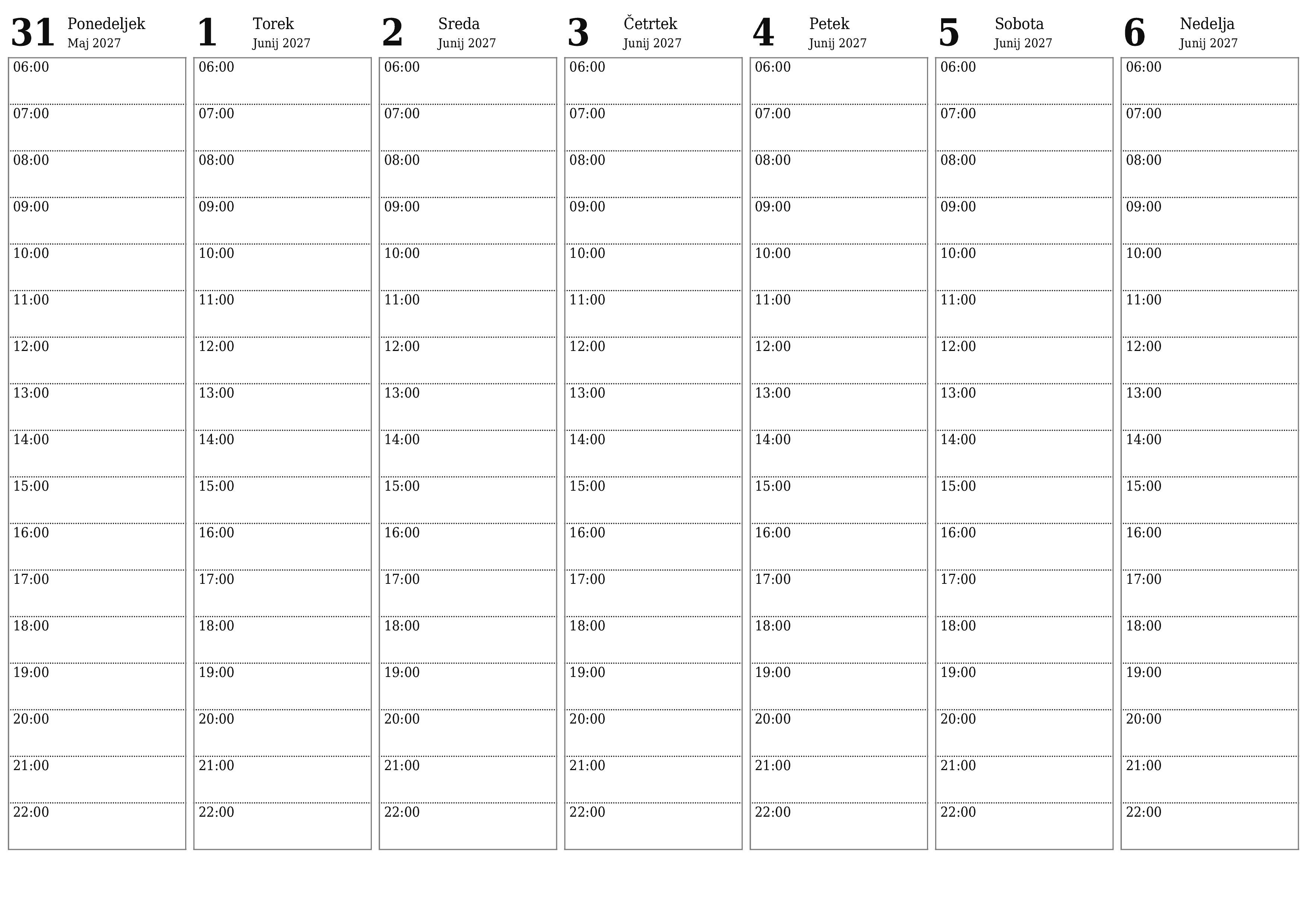 Prazen tedenski koledarski načrtovalec za tedne Junij 2027 z opombami za tiskanje v PDF PNG Slovenian