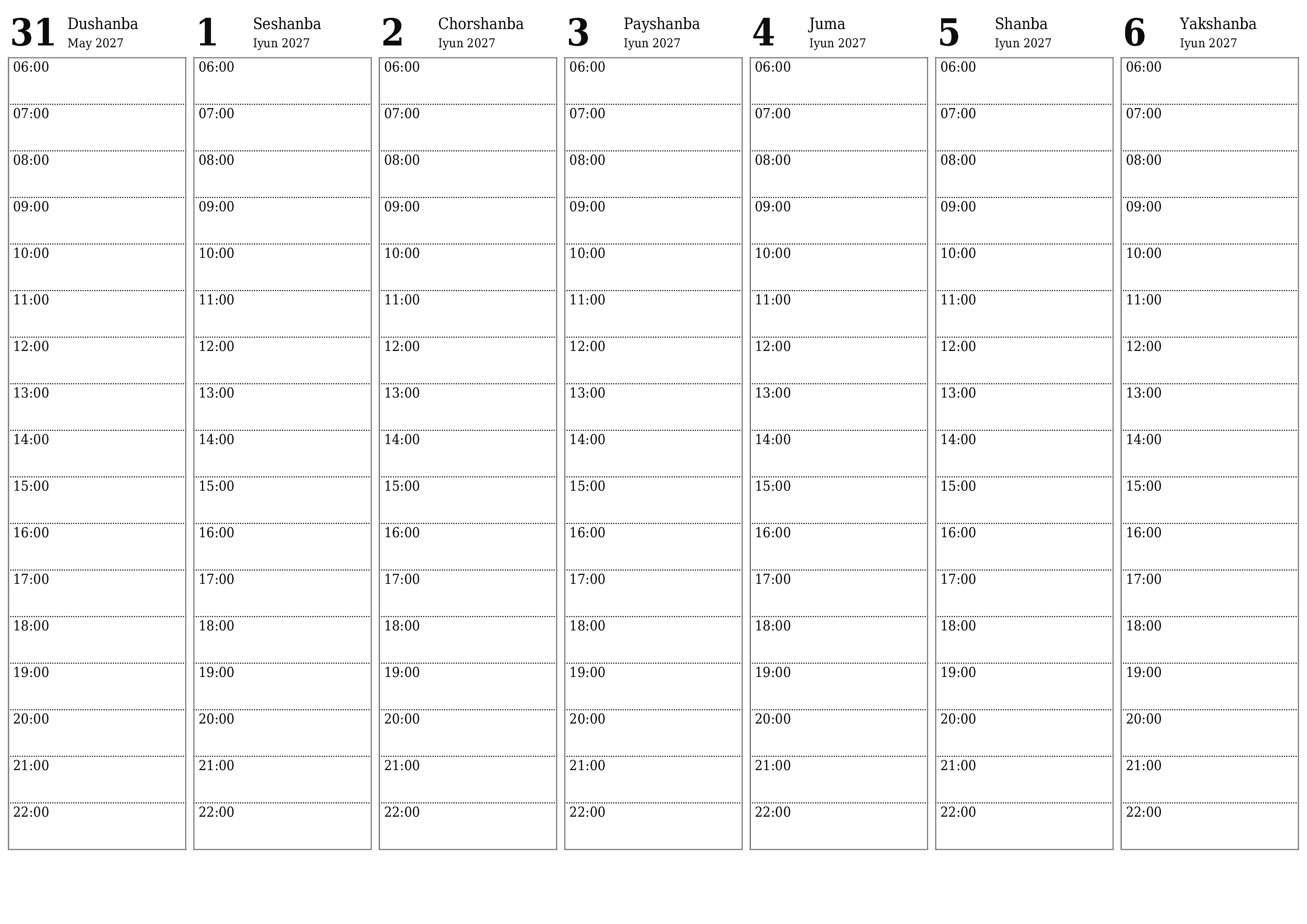 Haftalik rejalashtiruvchi Iyun 2027 haftalar uchun yozuvlar bilan bo'shatib, saqlang va PDF-ga chop eting PNG Uzbek