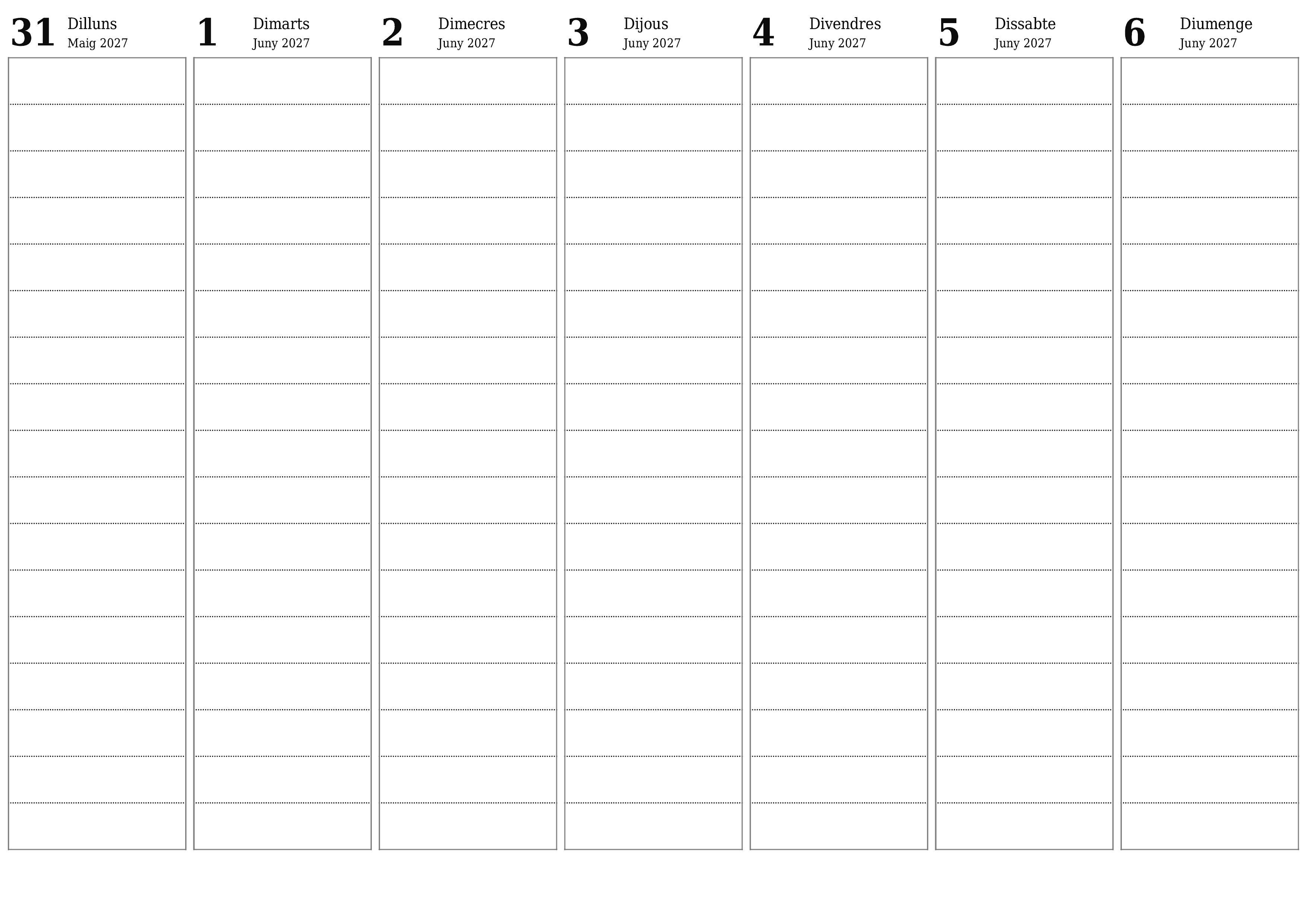 Planificador setmanal buit durant setmanes Juny 2027 amb notes, deseu-lo i imprimiu-lo en format PDF PNG Catalan