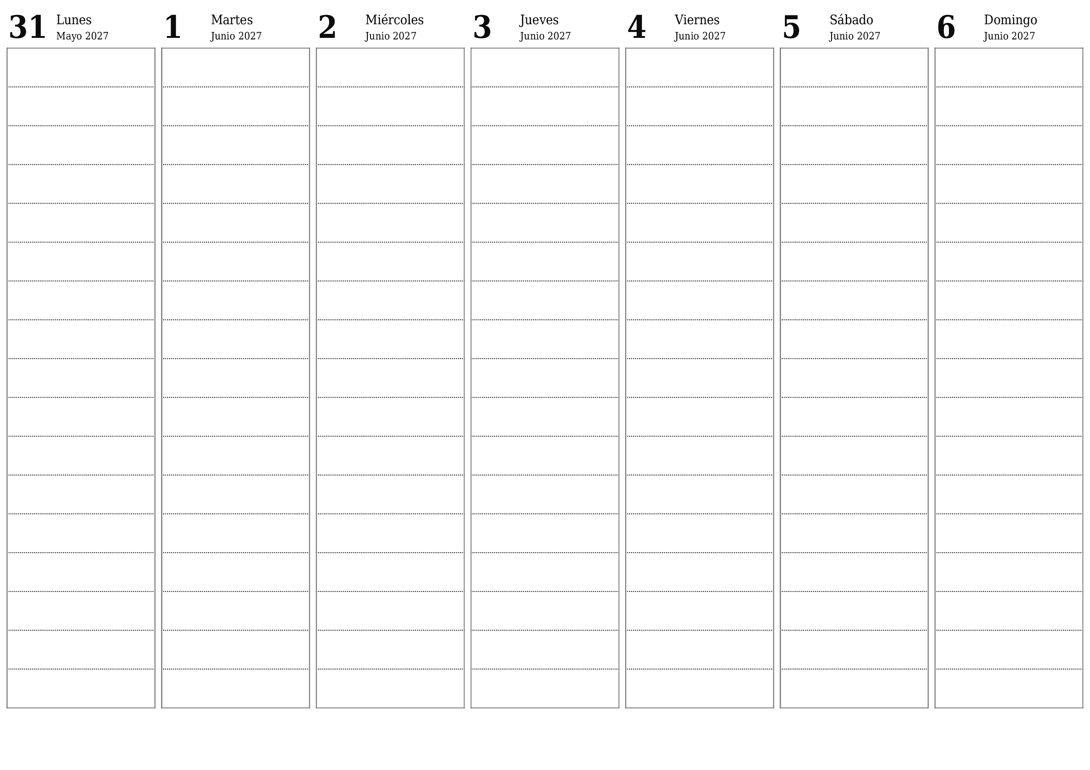 Planificador semanal vacío para semanas Junio 2027 con notas, guardar e imprimir en PDF PNG Spanish