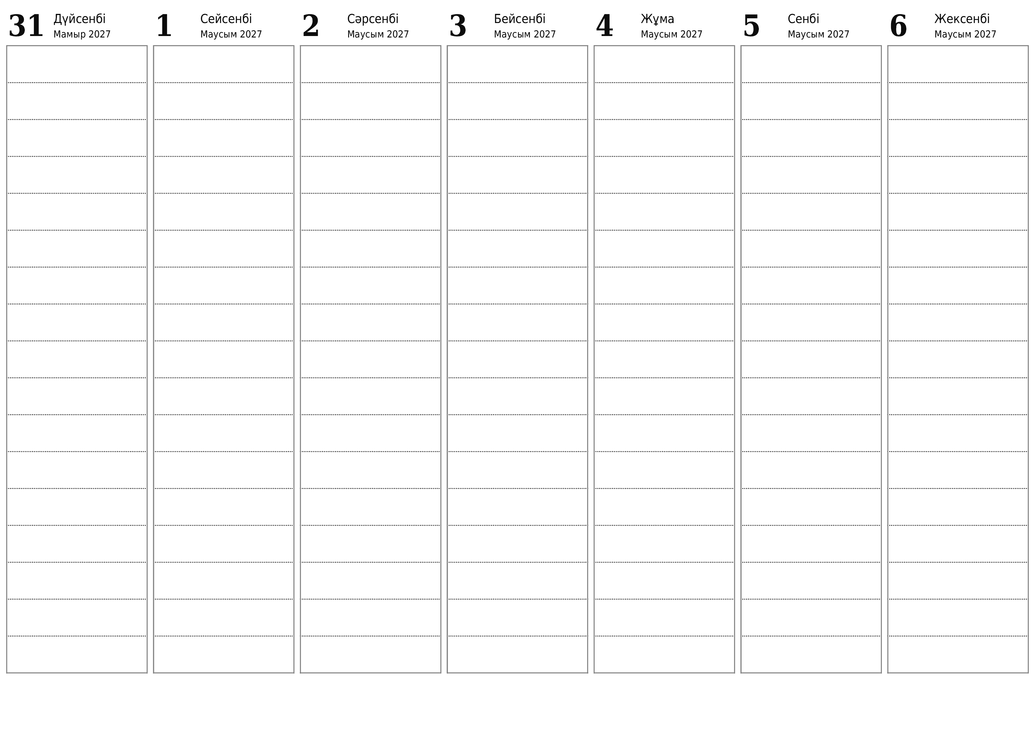 Маусым 2027 аптаға арналған апталық жоспарлаушы, жазбалармен бірге босатыңыз, сақтаңыз және PDF-ке басып шығарыңыз PNG Kazakh