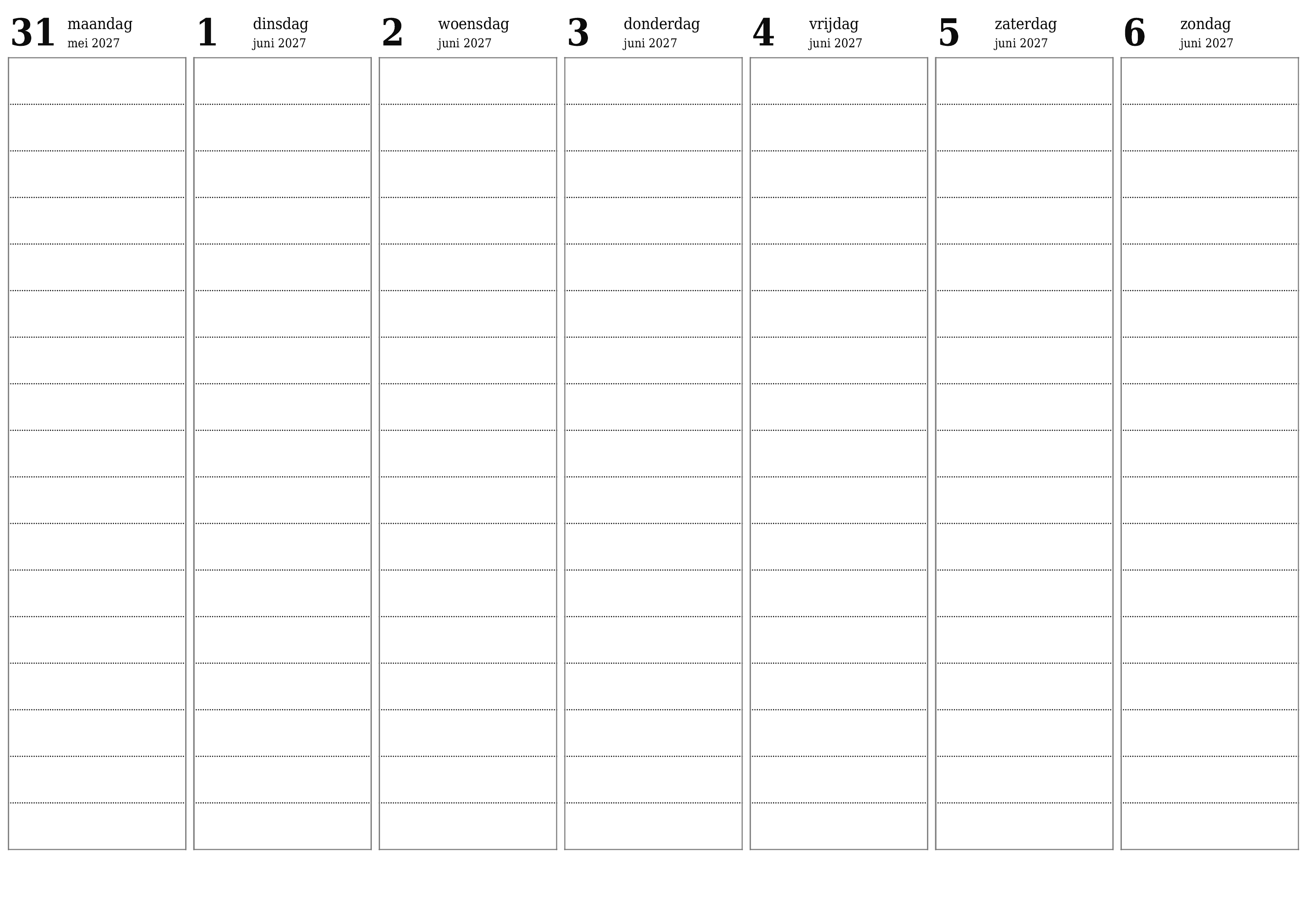 Lege weekplanner voor weken juni 2027 met notities, opslaan en afdrukken naar pdf PNG Dutch