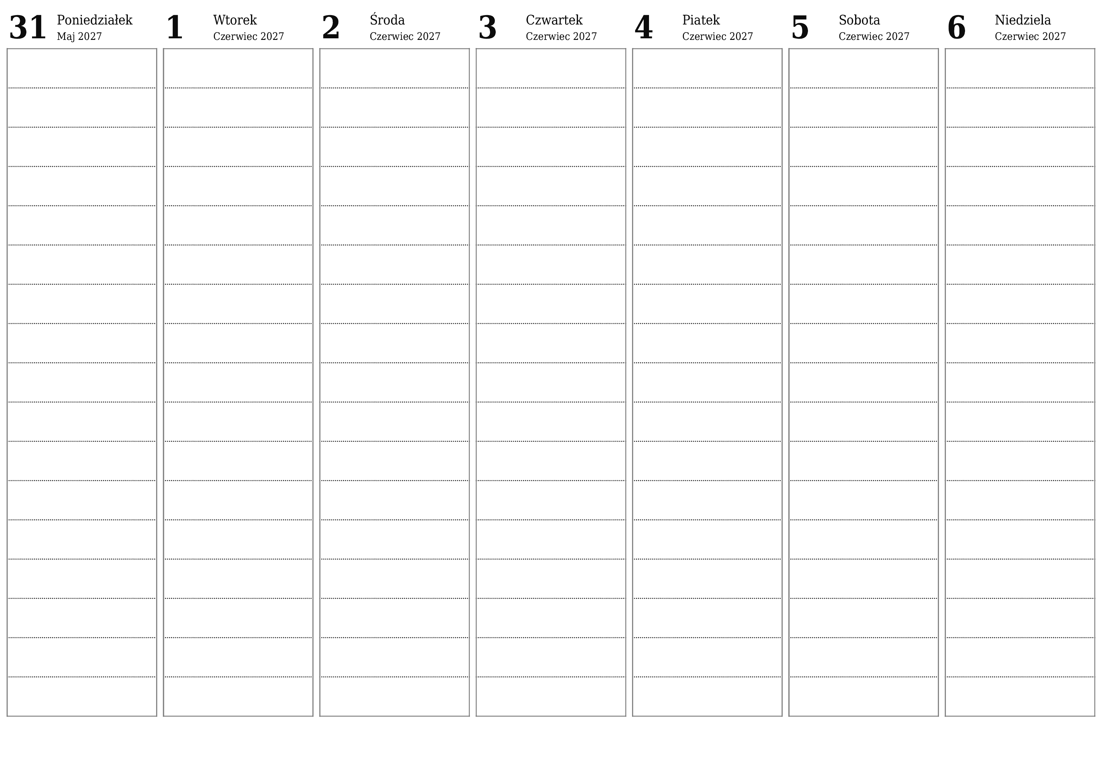 Opróżnij tygodniowy planer na tygodnie Czerwiec 2027 z notatkami, zapisz i wydrukuj w formacie PDF PNG Polish