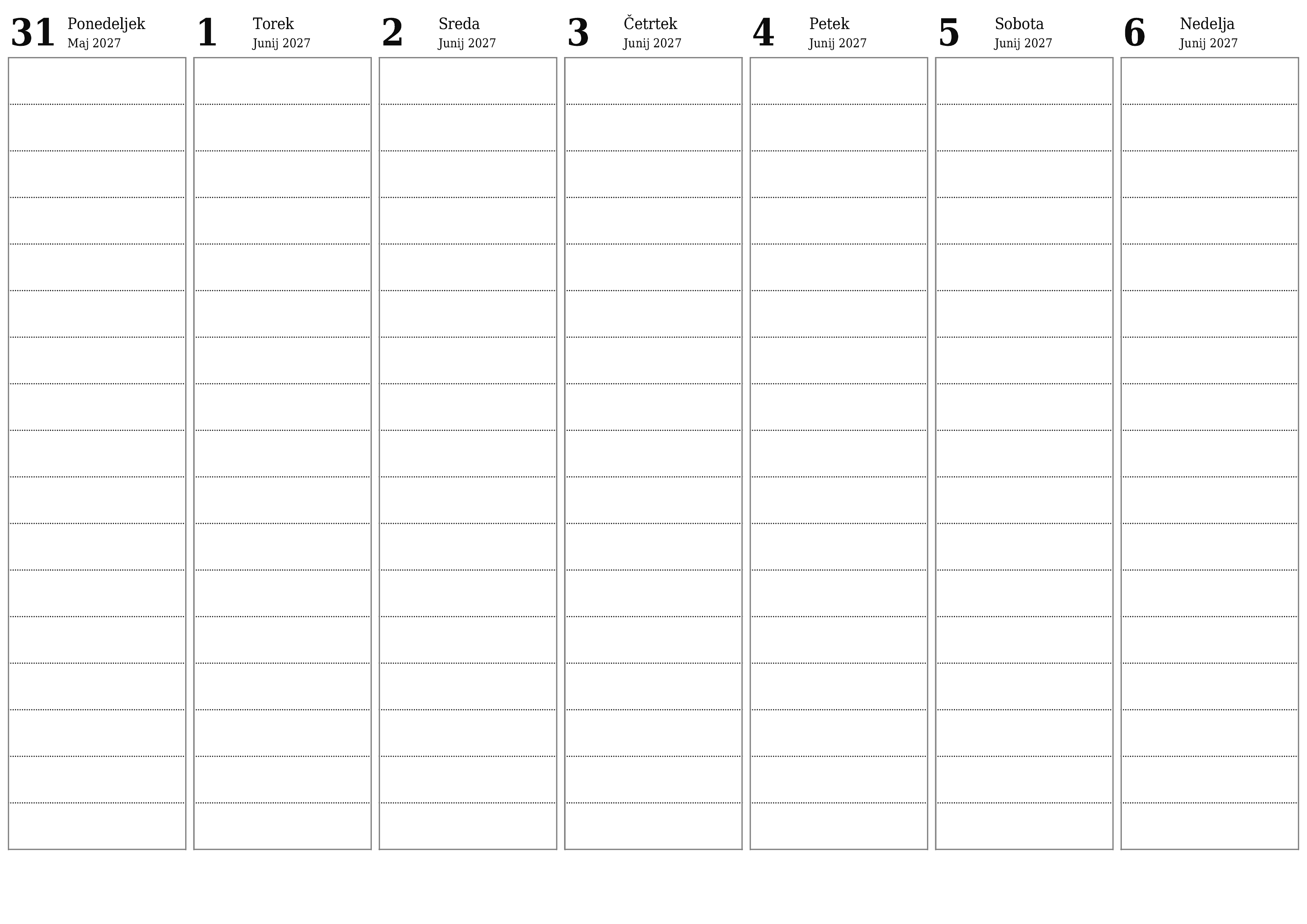 Prazen tedenski koledarski načrtovalec za tedne Junij 2027 z opombami za tiskanje v PDF PNG Slovenian