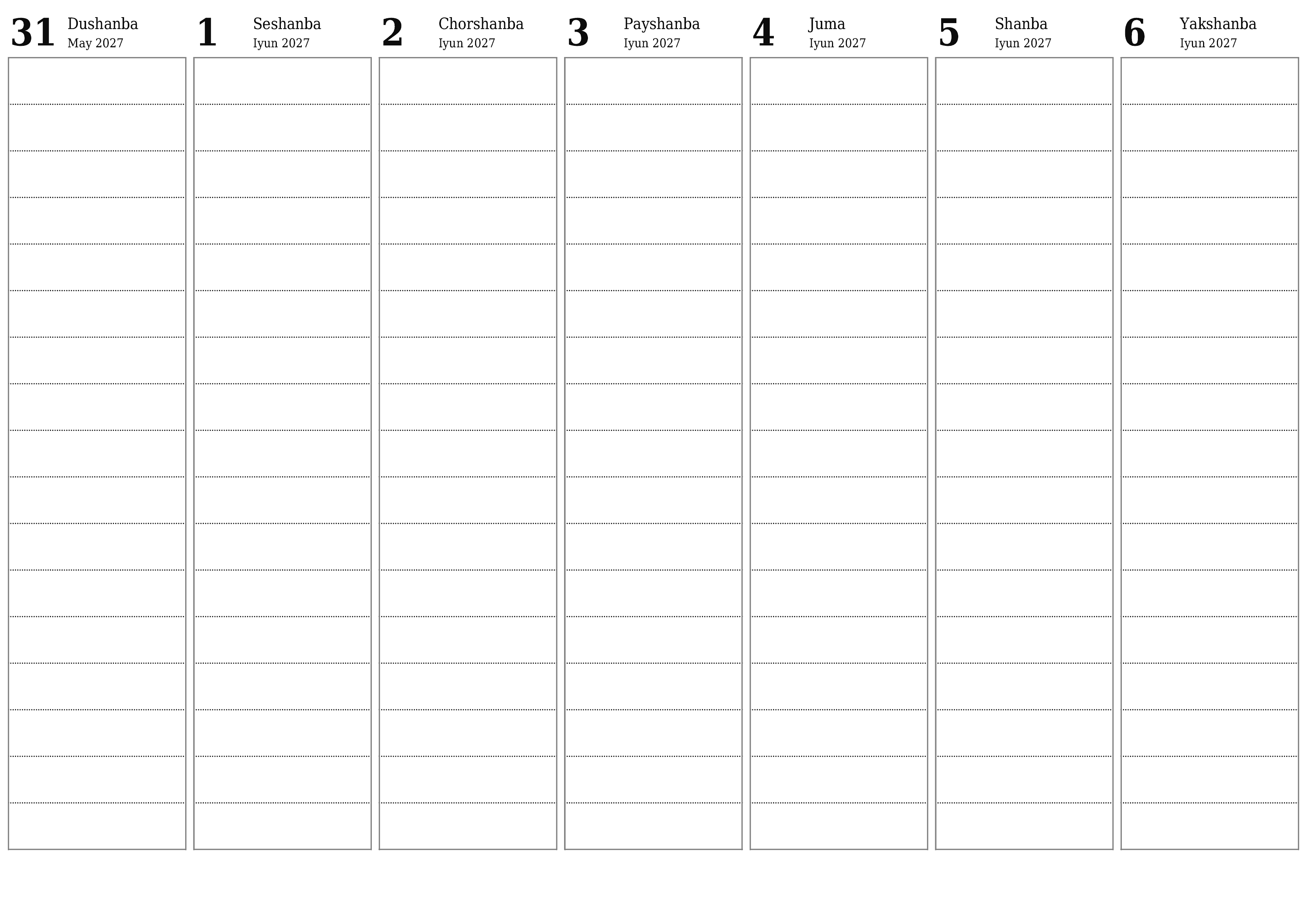 Haftalik rejalashtiruvchi Iyun 2027 haftalar uchun yozuvlar bilan bo'shatib, saqlang va PDF-ga chop eting PNG Uzbek