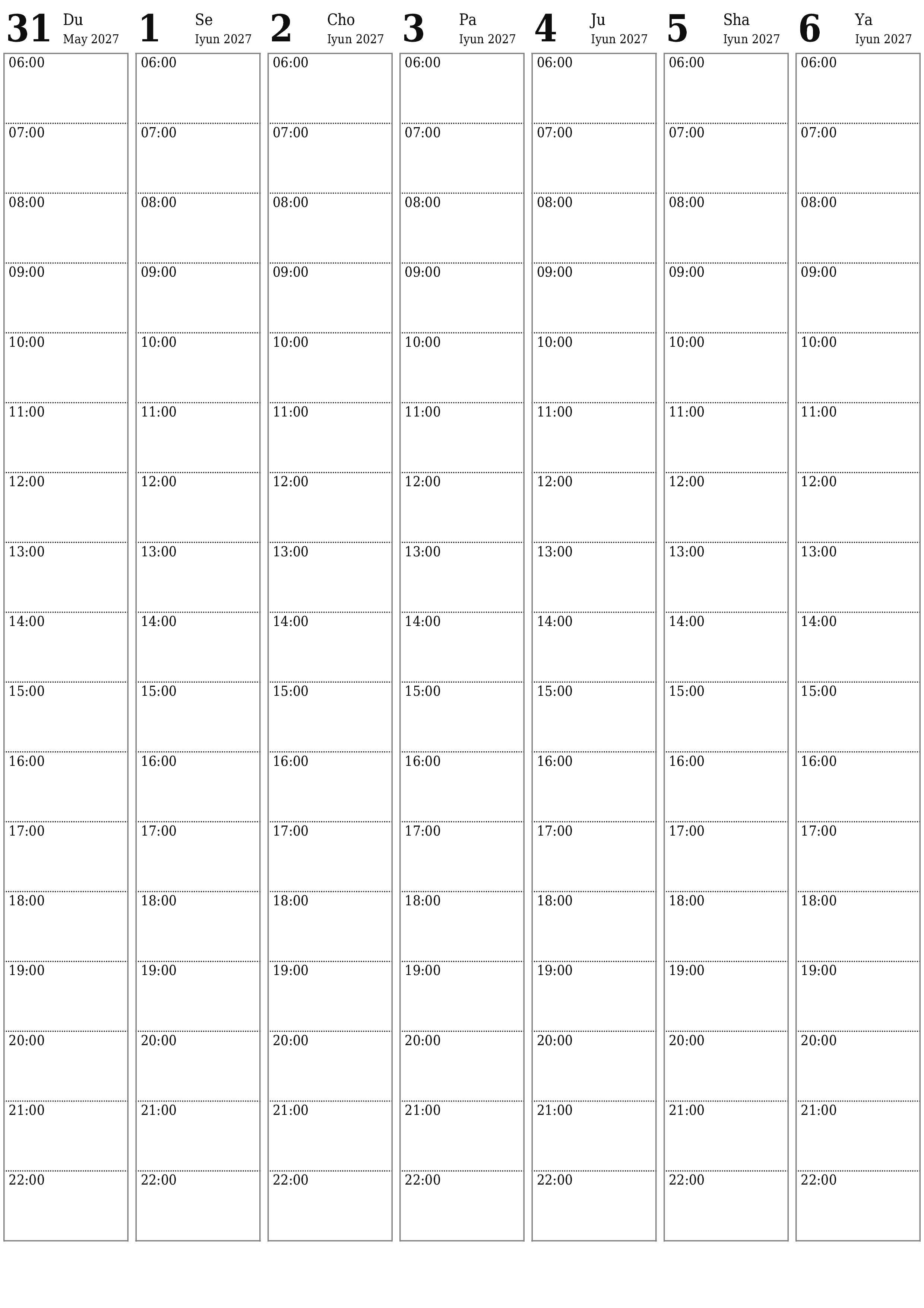 Haftalik rejalashtiruvchi Iyun 2027 haftalar uchun yozuvlar bilan bo'shatib, saqlang va PDF-ga chop eting PNG Uzbek