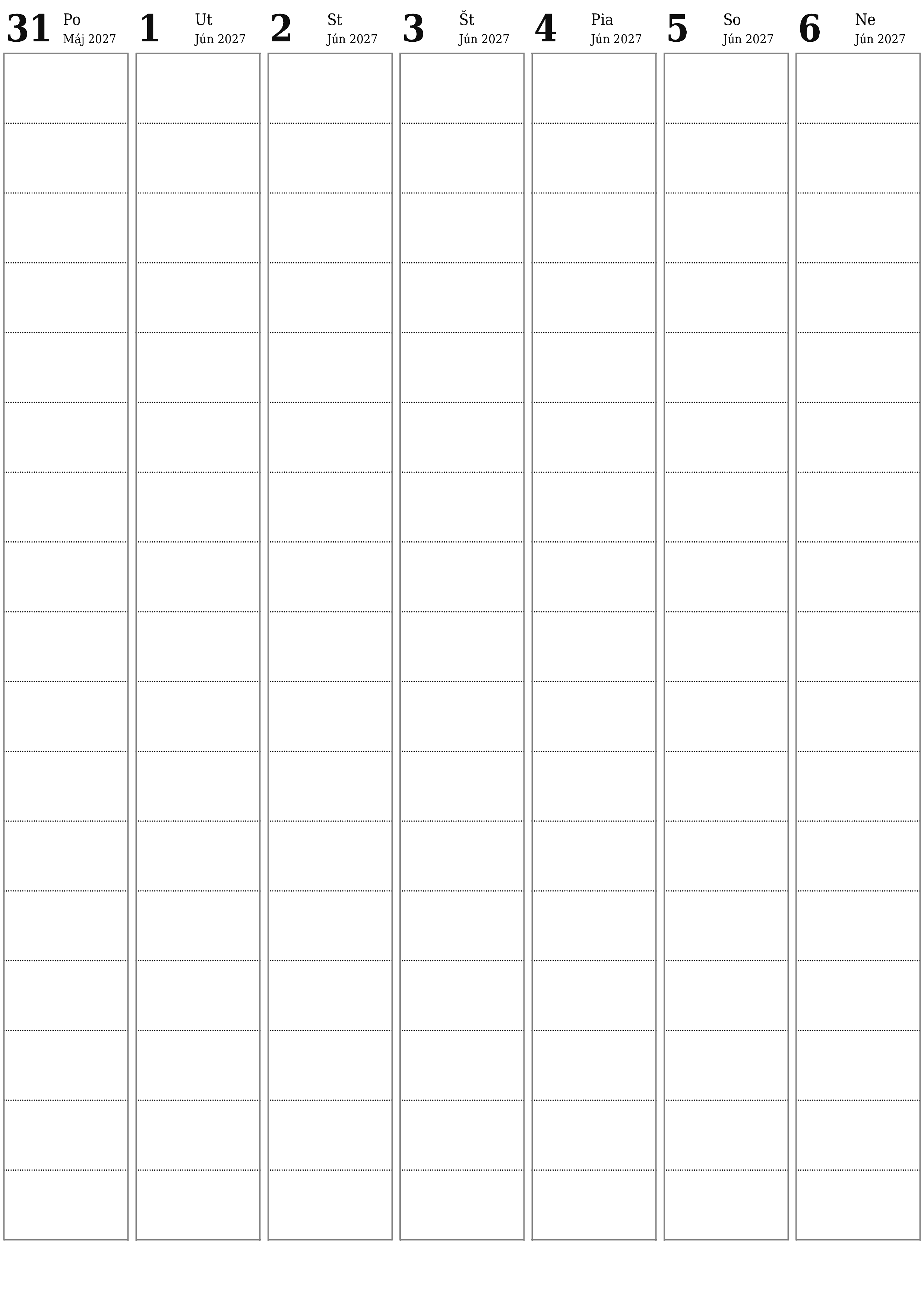 Prázdny týždenný plánovač na týždne Jún 2027 s poznámkami, uložením a tlačou do PDF PNG Slovak
