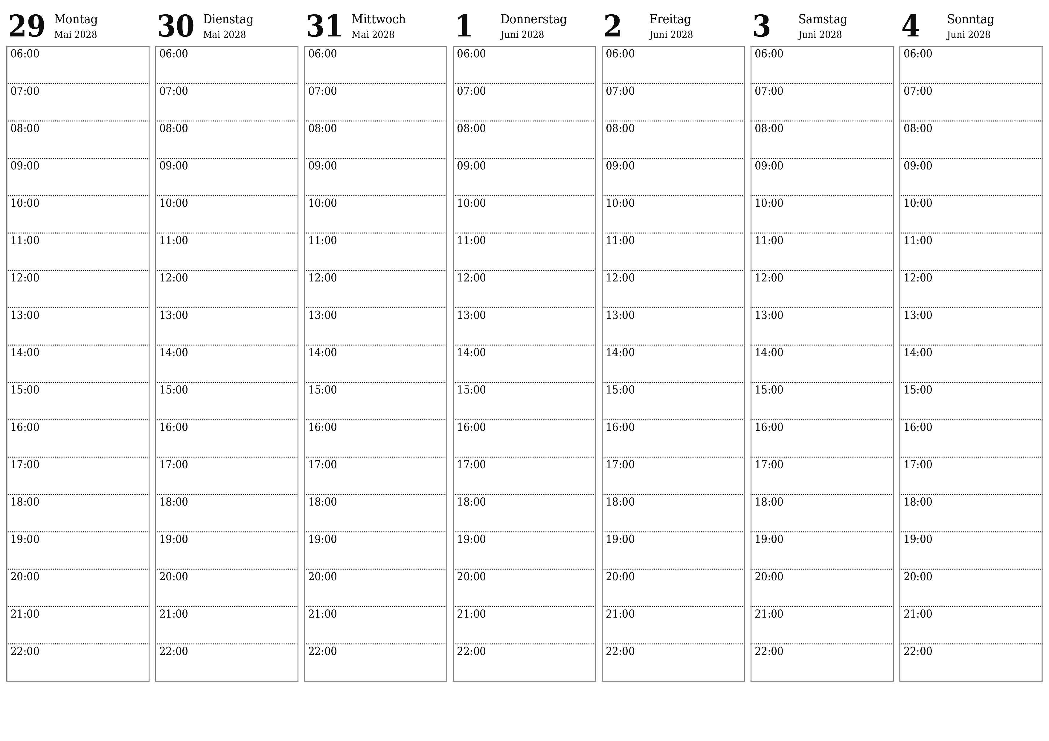 Wochenplaner für Wochen Juni 2028 mit Notizen leeren, speichern und als PDF drucken PNG German