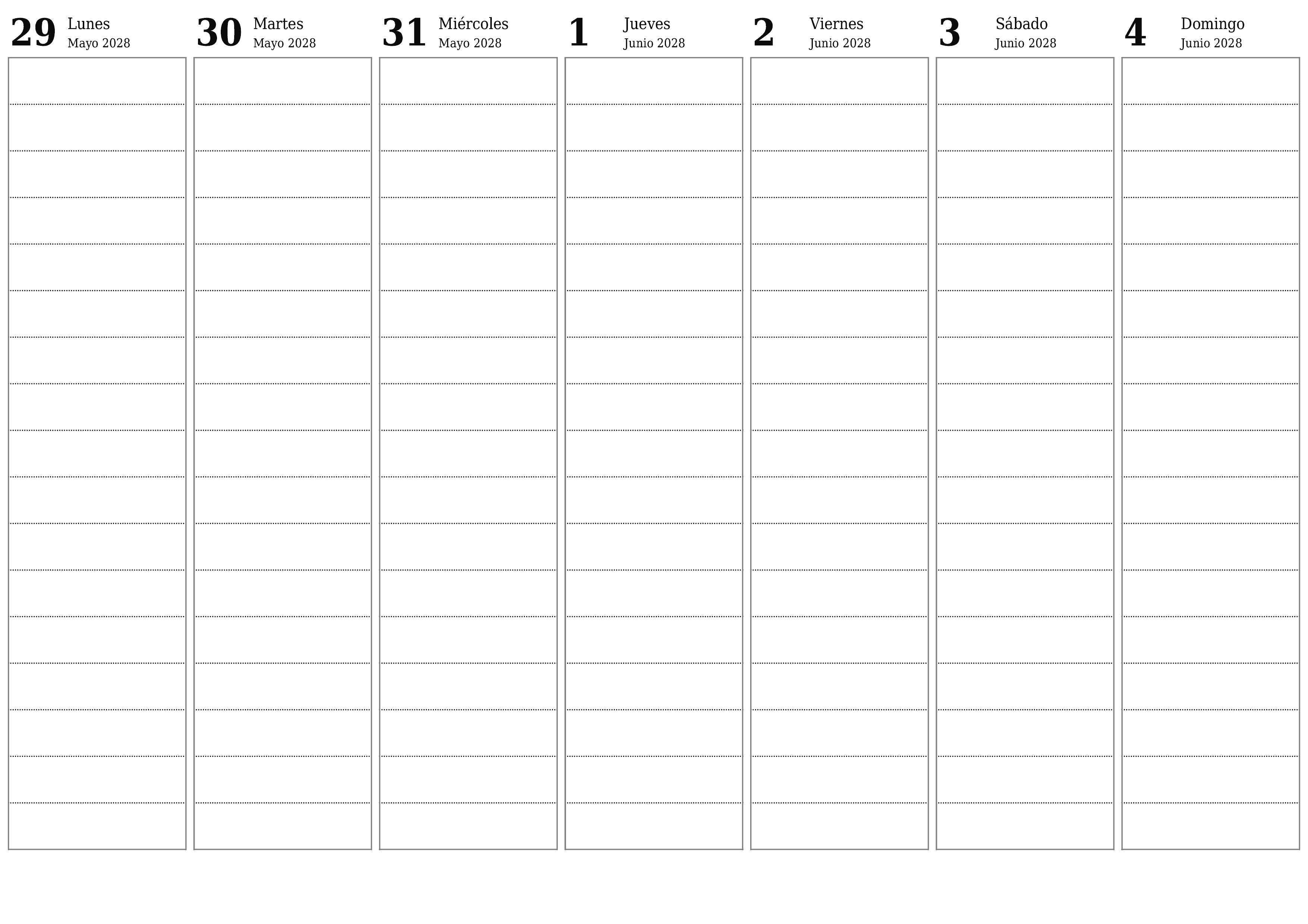 Planificador semanal vacío para semanas Junio 2028 con notas, guardar e imprimir en PDF PNG Spanish