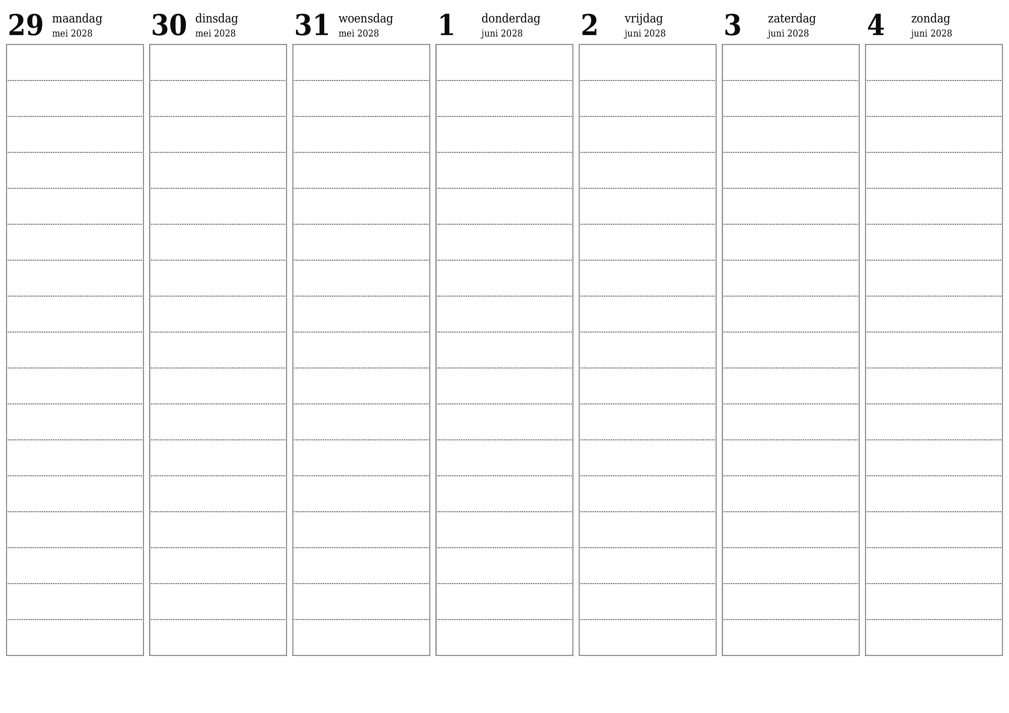 Lege weekplanner voor weken juni 2028 met notities, opslaan en afdrukken naar pdf PNG Dutch